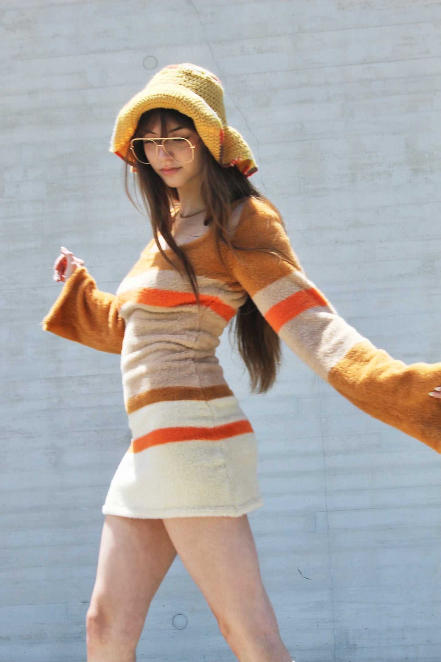 70’s SORT OF THANG striped fuzzy bell sleeve knit sweater dress, small *VINTAGE*