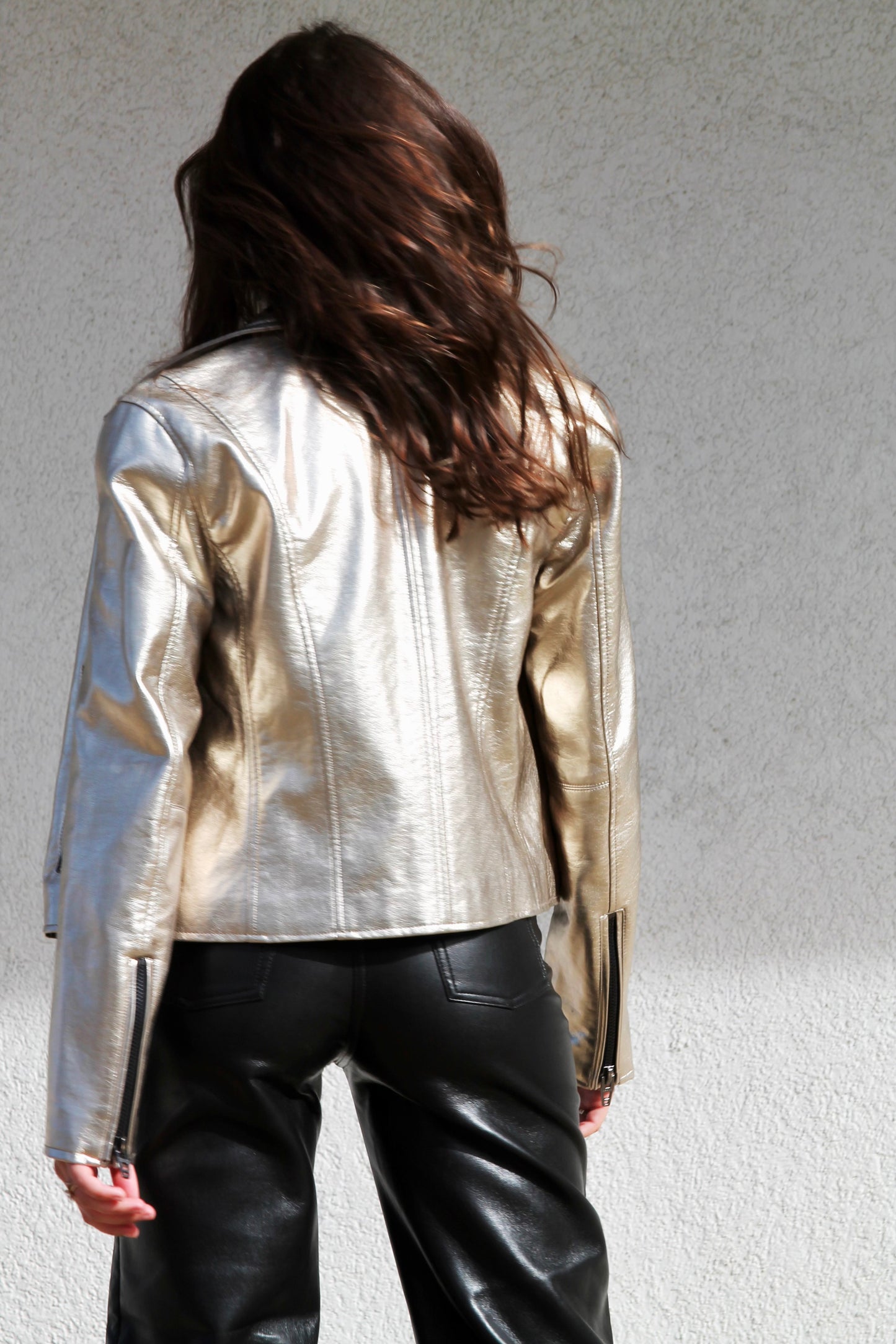 GOTHAM CITY gold metallic vegan leather jacket, medium