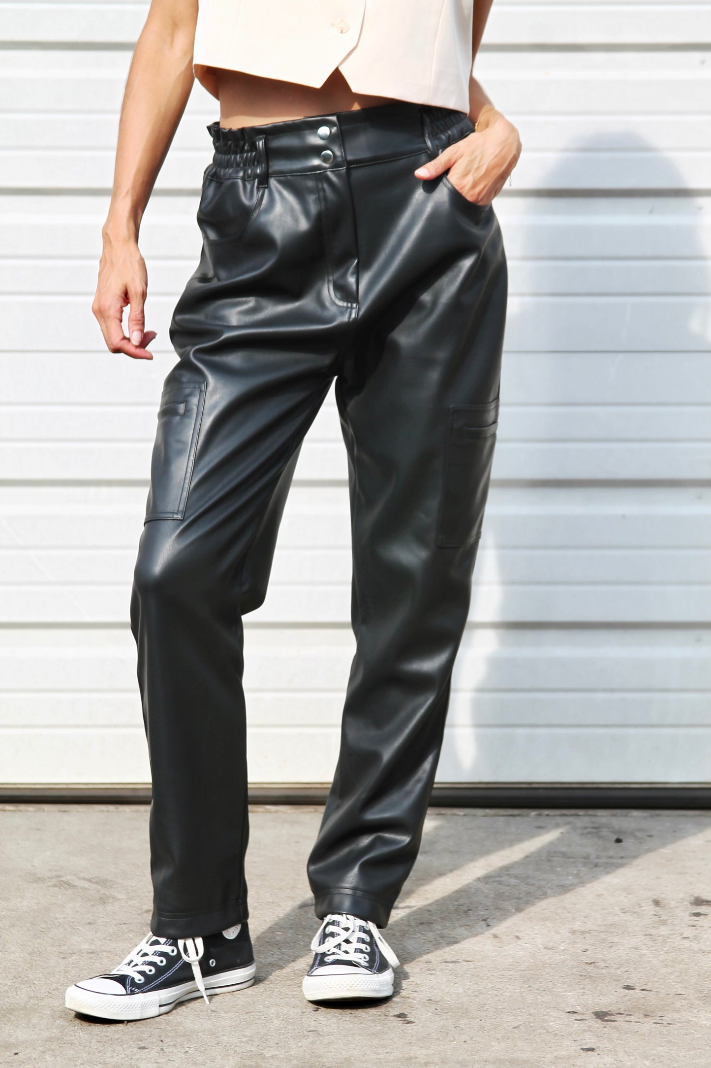 STAR CROSSED dropped crotch vegan leather cargo pants, size 28