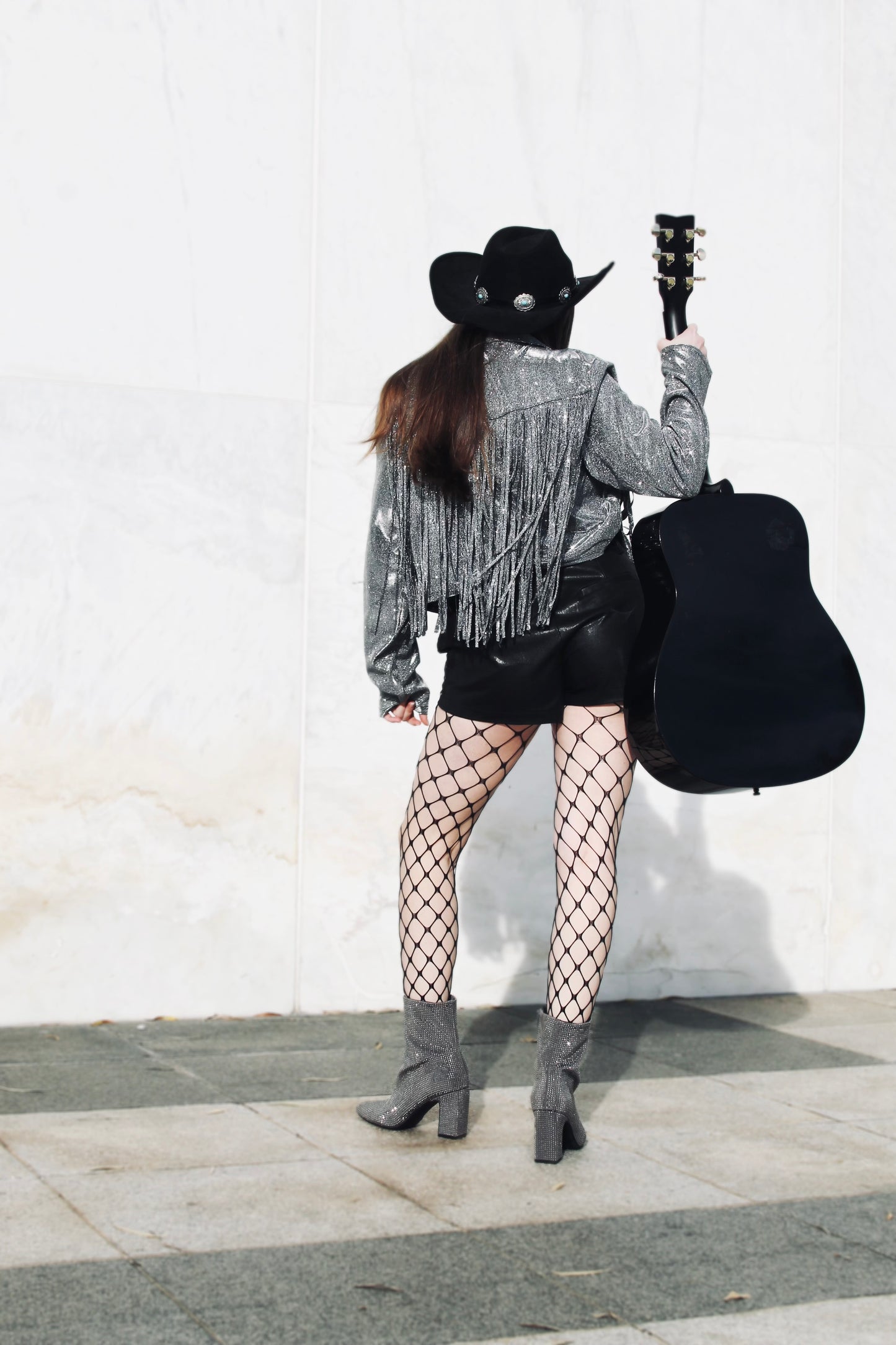 REBEL SPIRIT silver sparkle + tassel-fringe jacket, XL *FOXY FAVE* >> gunmetal grey