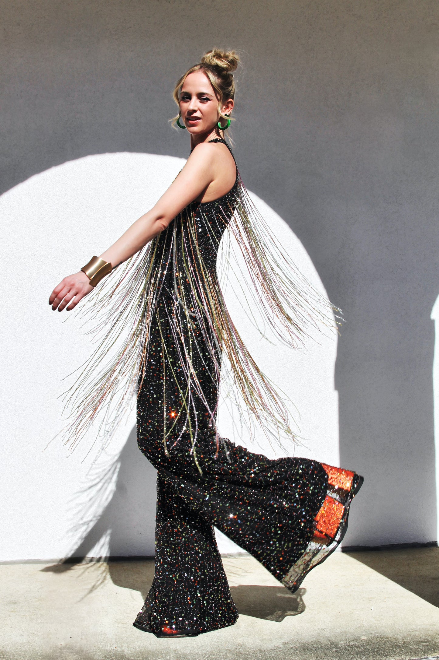 FIRECRACKER fully sequined + beaded tassel fringe jumpsuit *FOXY FAVE* size 4 >> black with multi-colored sequins