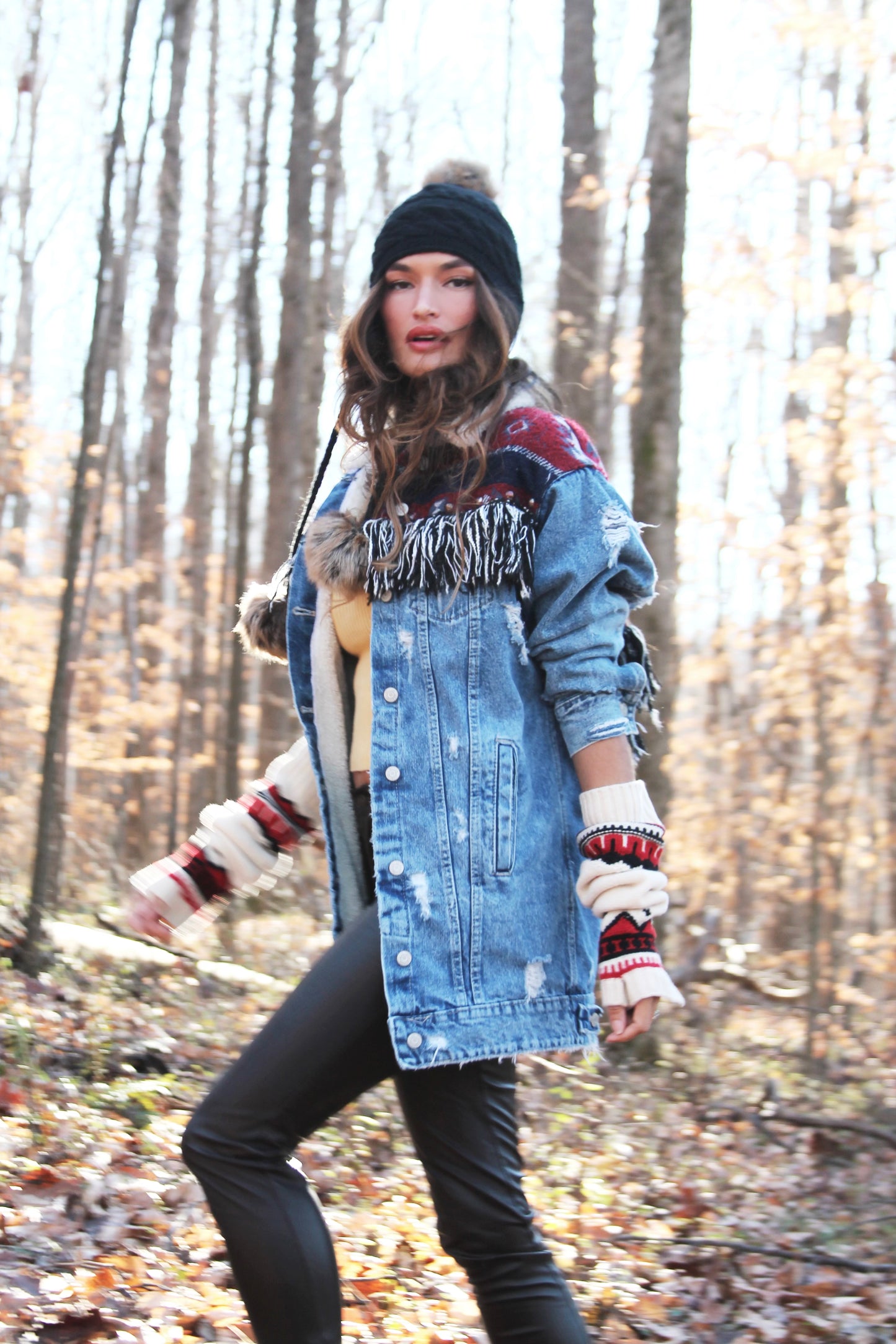 REINDEER GAMES distressed denim jacket w/ fringe + tribal patchwork, size small