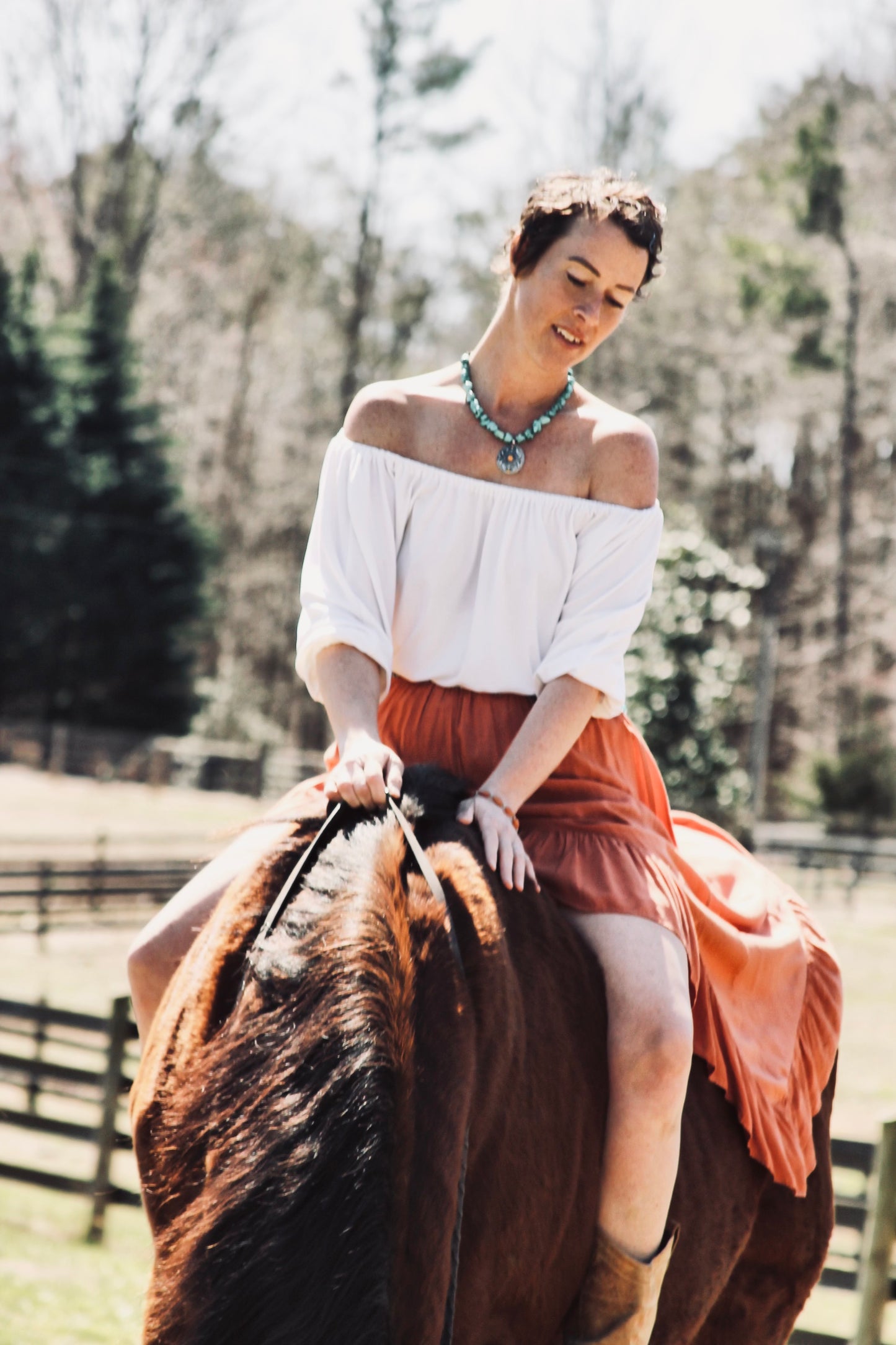 AMBER WINDS high-low flowy maxi skirt, large >> rust