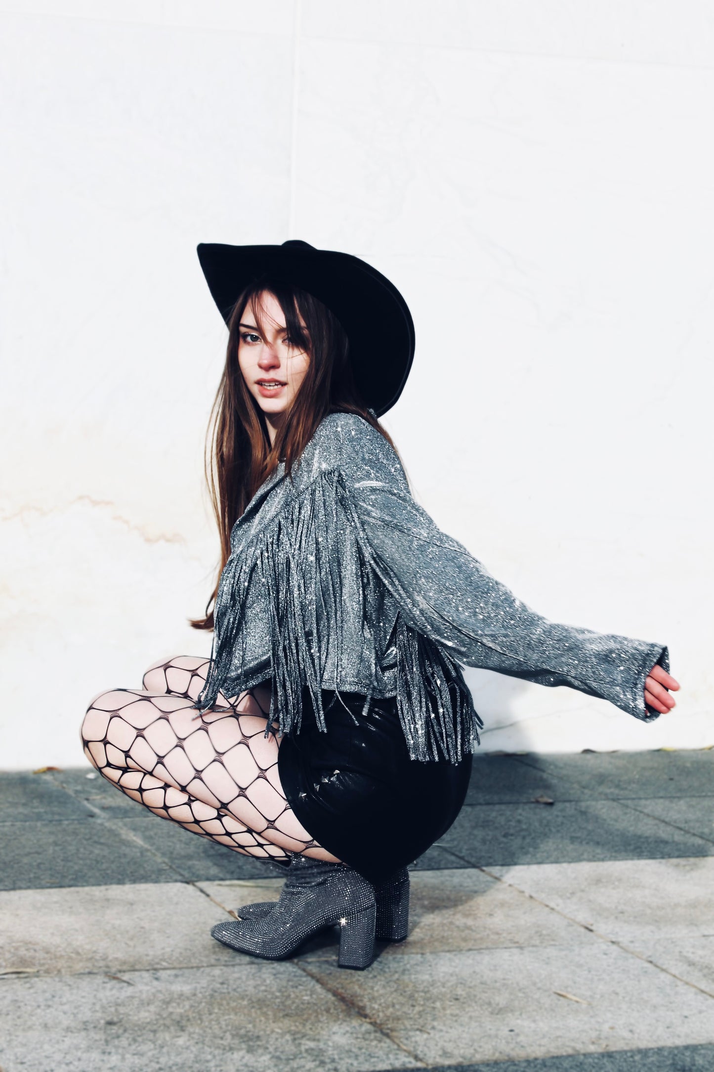 REBEL SPIRIT silver sparkle + tassel-fringe jacket, XL *FOXY FAVE* >> gunmetal grey