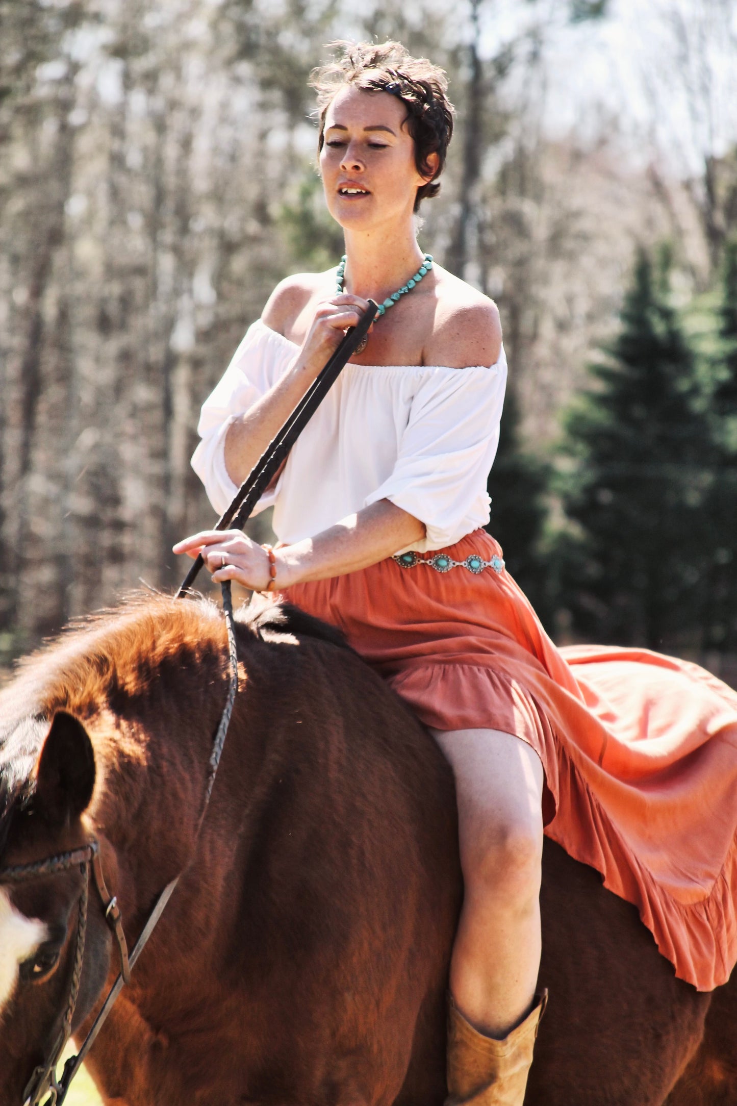 AMBER WINDS high-low flowy maxi skirt, large >> rust