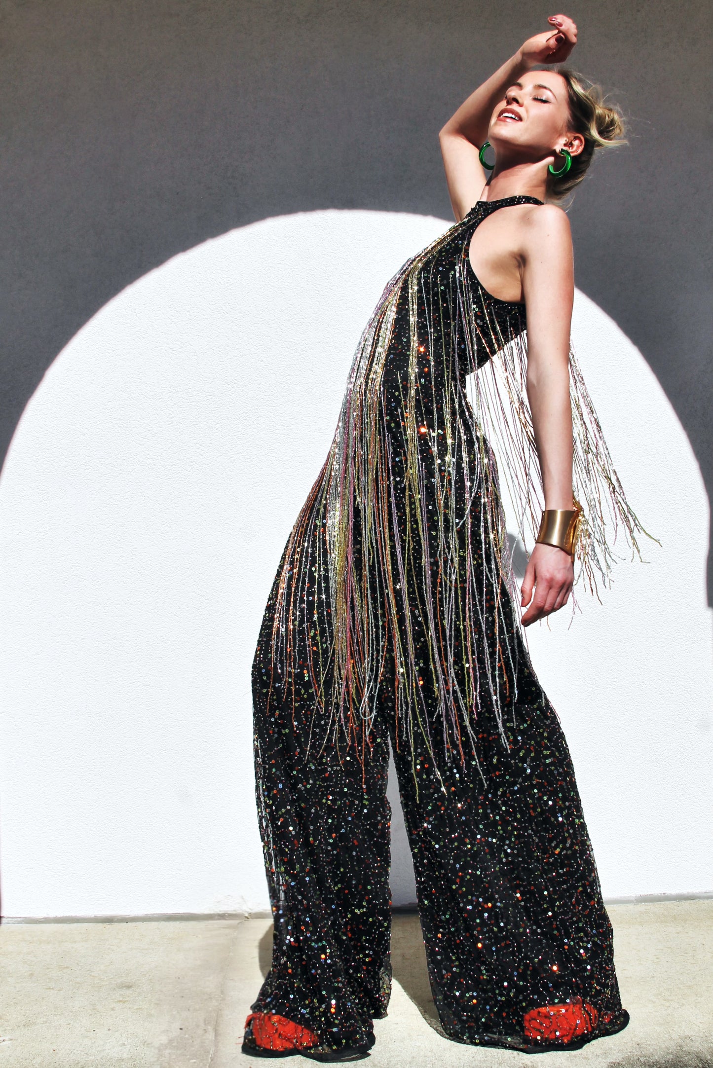 FIRECRACKER fully sequined + beaded tassel fringe jumpsuit *FOXY FAVE* size 4 >> black with multi-colored sequins