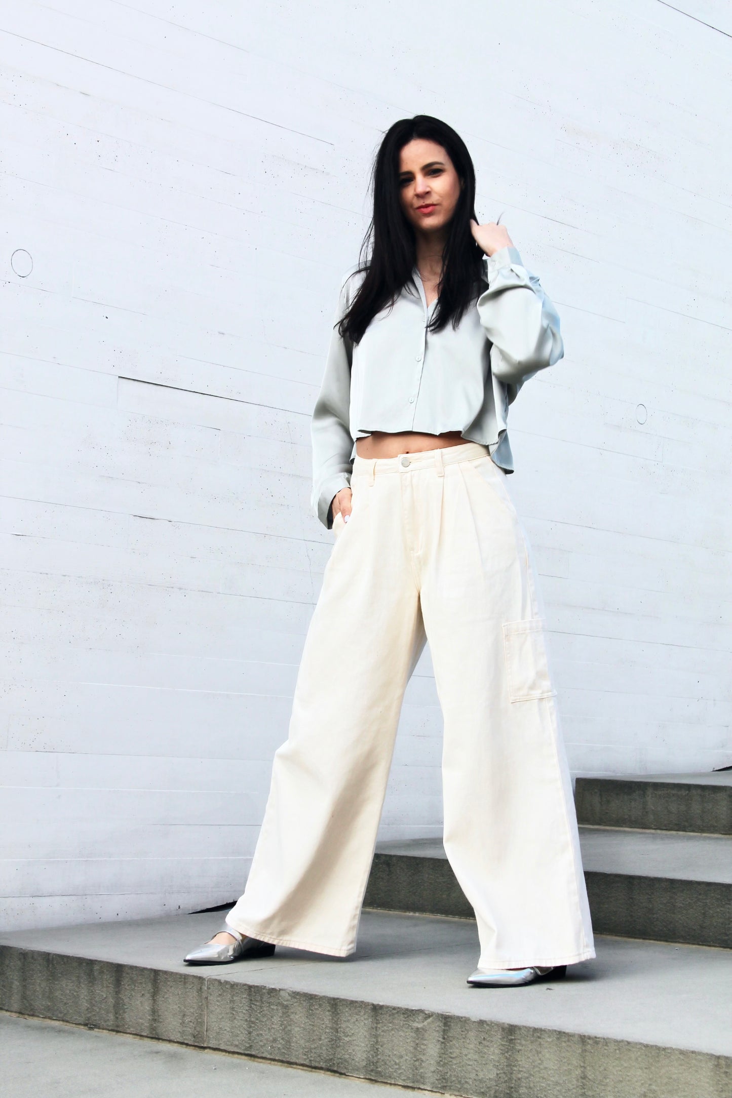 STONE-COLD FOX cropped satin button down, XL