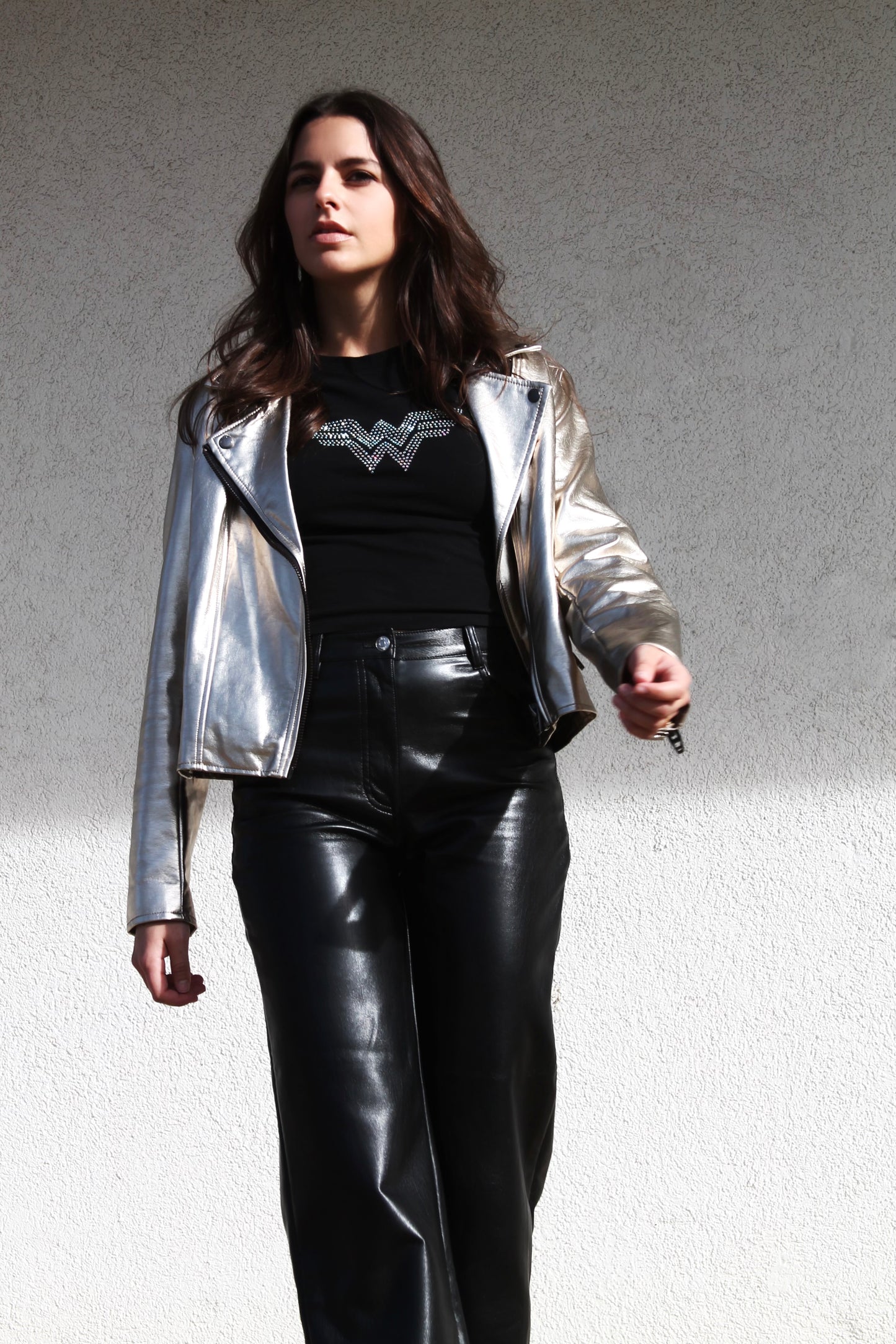 GOTHAM CITY gold metallic vegan leather jacket, medium