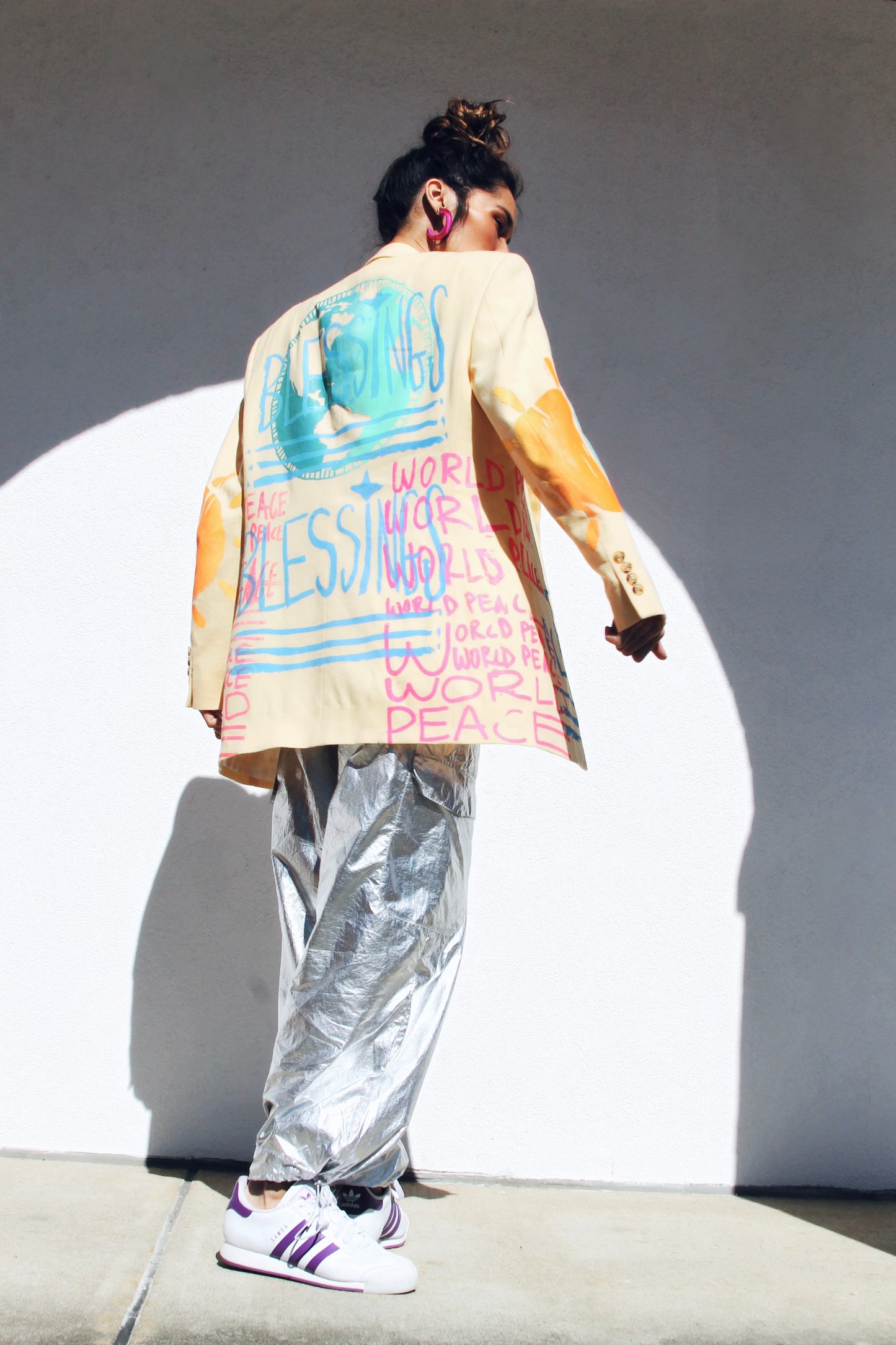 WORLD PEACE painted blazer *VINTAGE + HAND PAINTED + MADE IN THE USA* >> butter yellow + multi-colored graphics