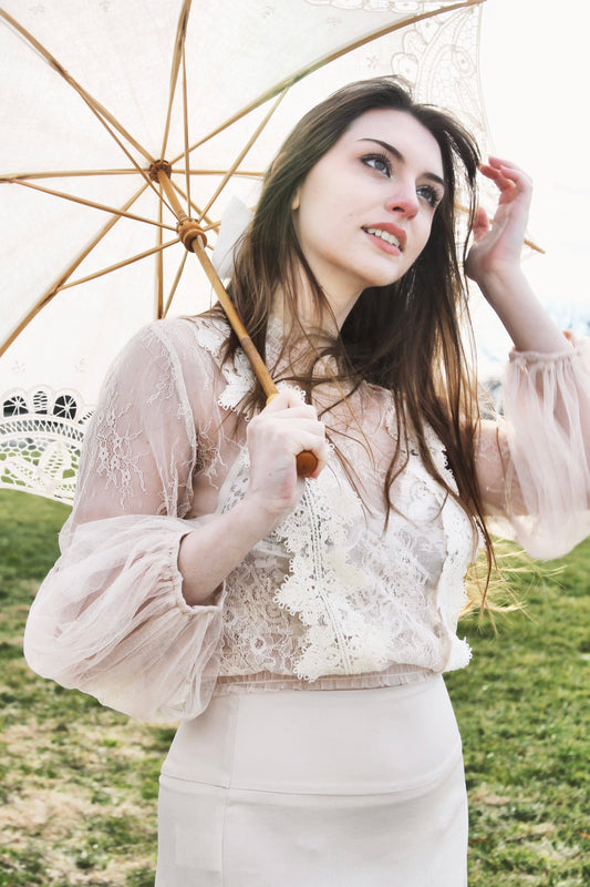 ARIES SZN 4.0 sheer + lace mock turtle neck, large >> blush beige