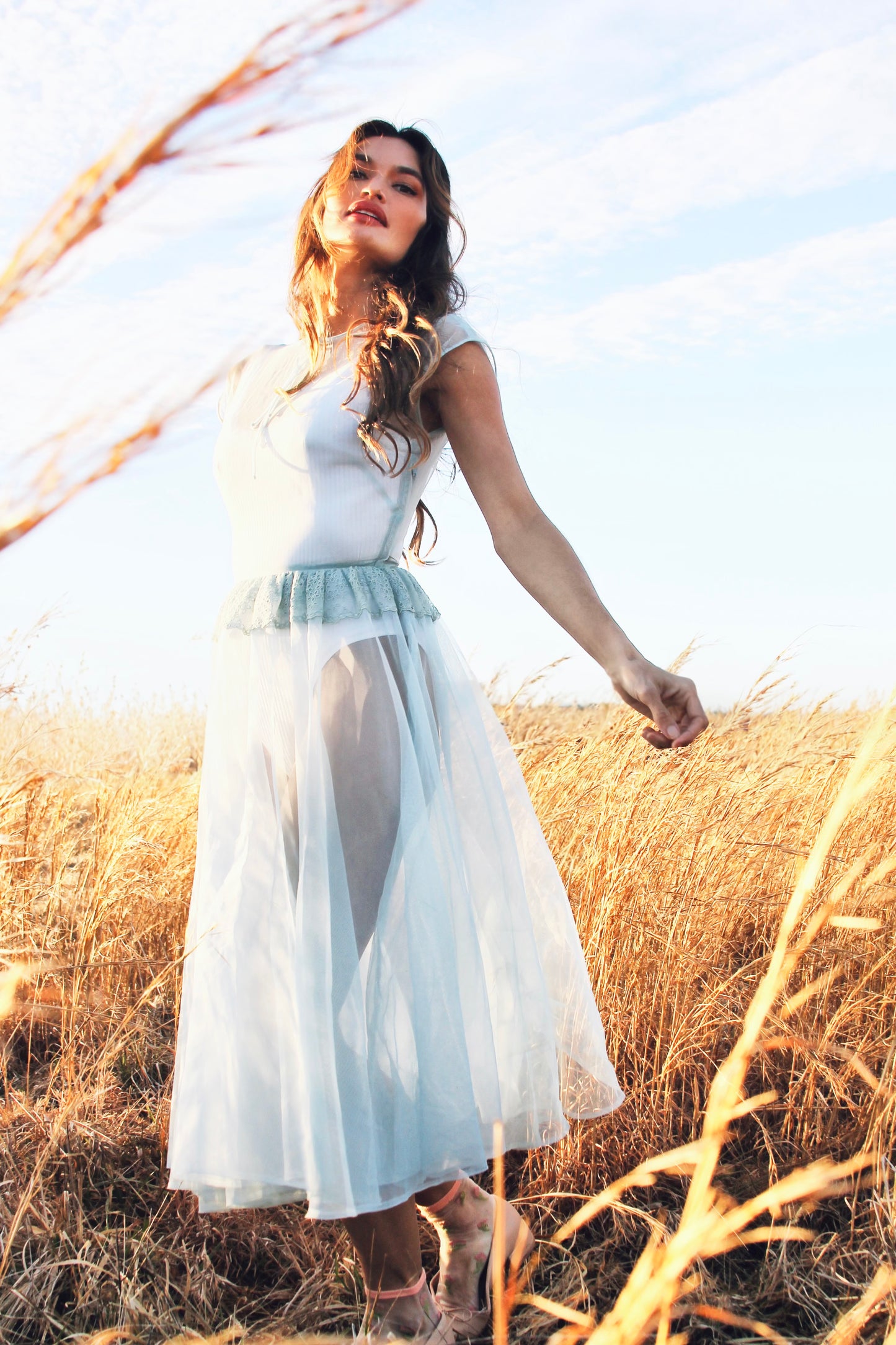 MEMORIES OF THE SUN completely sheer midi dress *FOXY FAVE* in antique blue