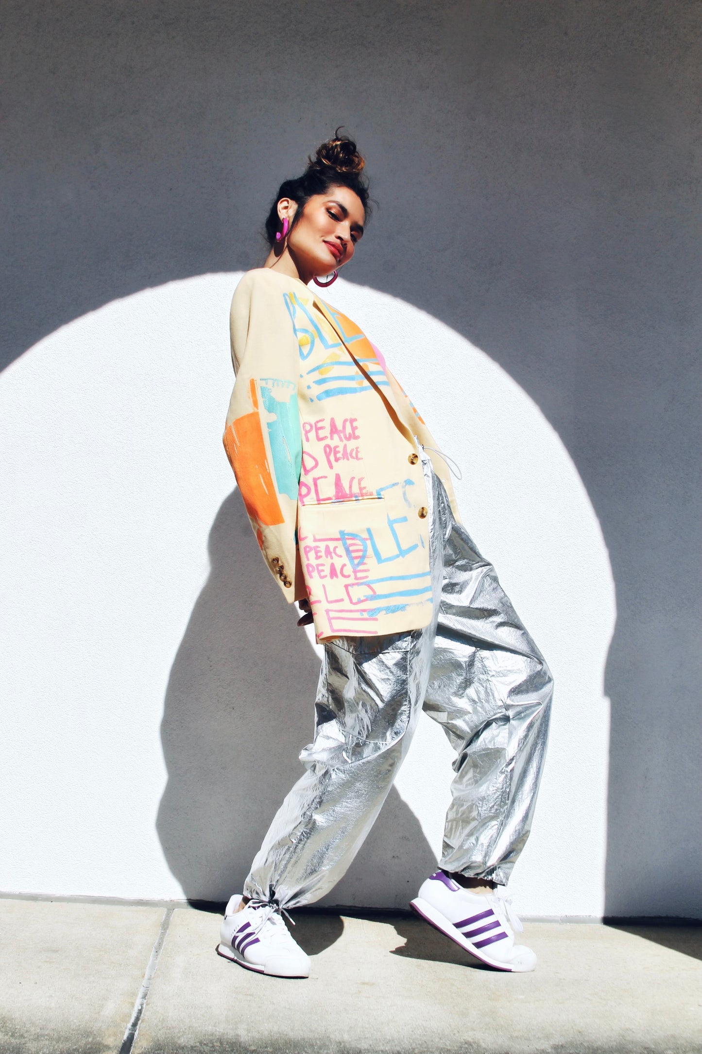 WORLD PEACE painted blazer *VINTAGE + HAND PAINTED + MADE IN THE USA* >> butter yellow + multi-colored graphics