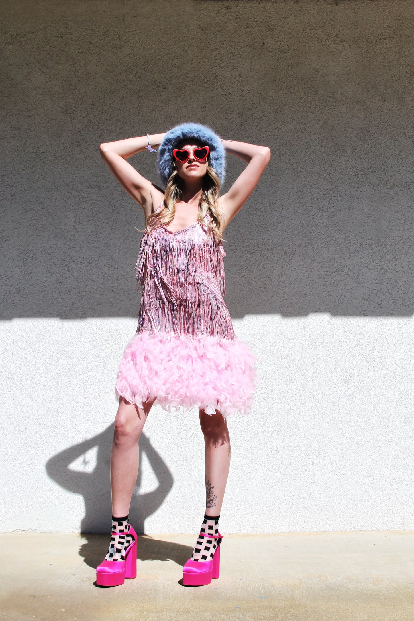 BOTTLE SERVICE sparkle fringe+ feather hem mini sequin party dress, large >> flamingo pink
