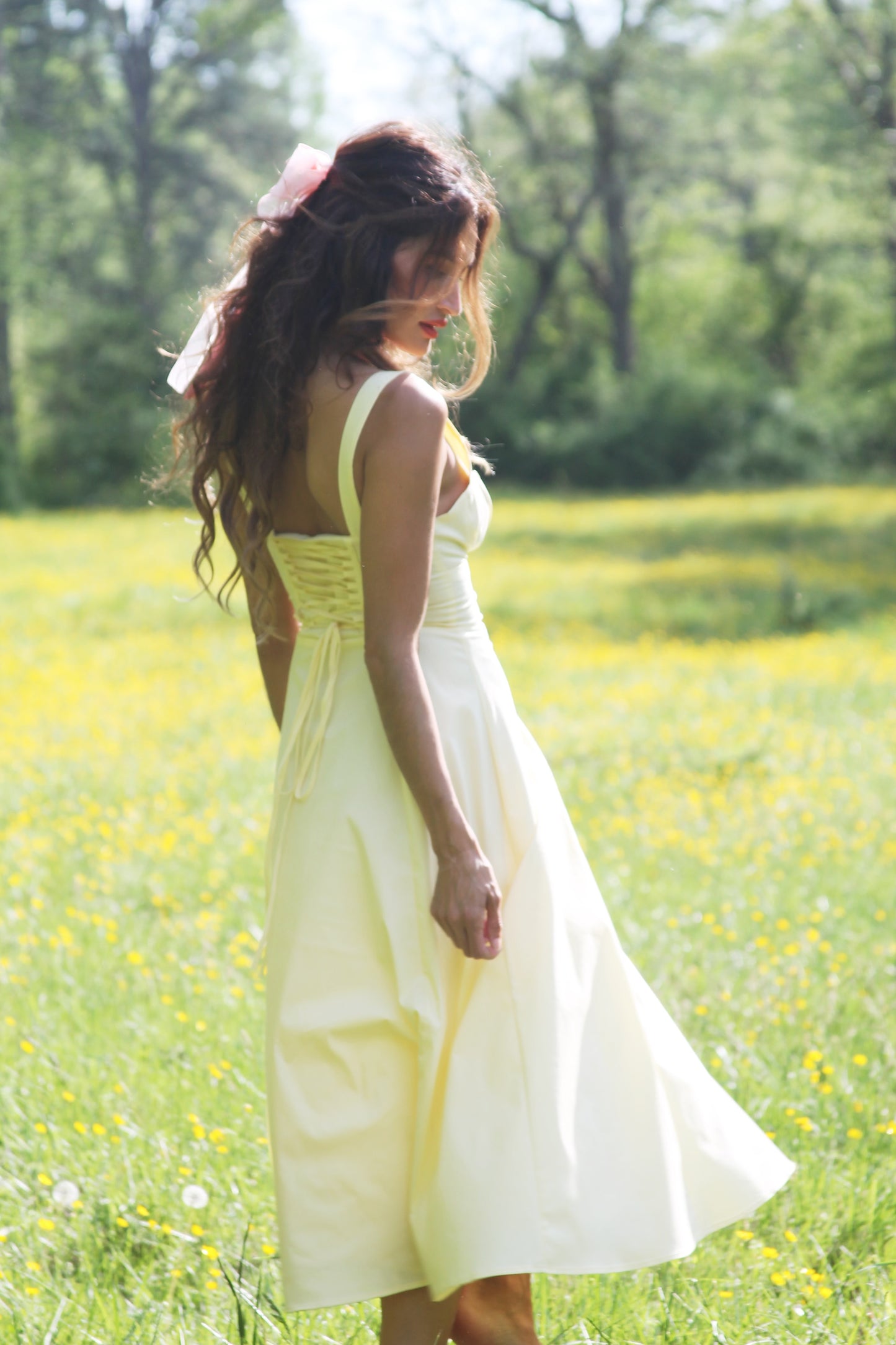 RUN FREE pale yellow lace-up corset sundress, in size small, medium & large