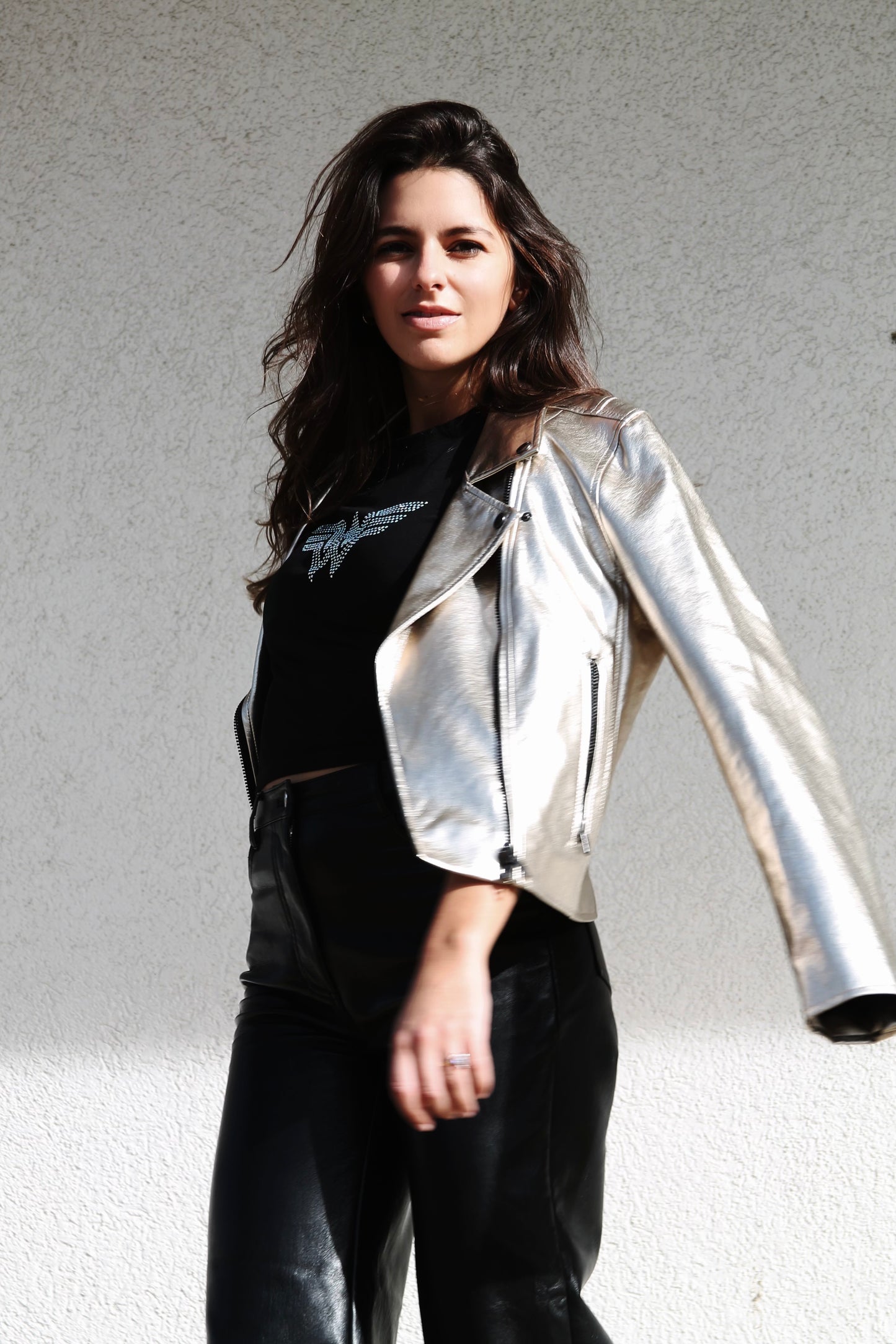 GOTHAM CITY gold metallic vegan leather jacket, medium