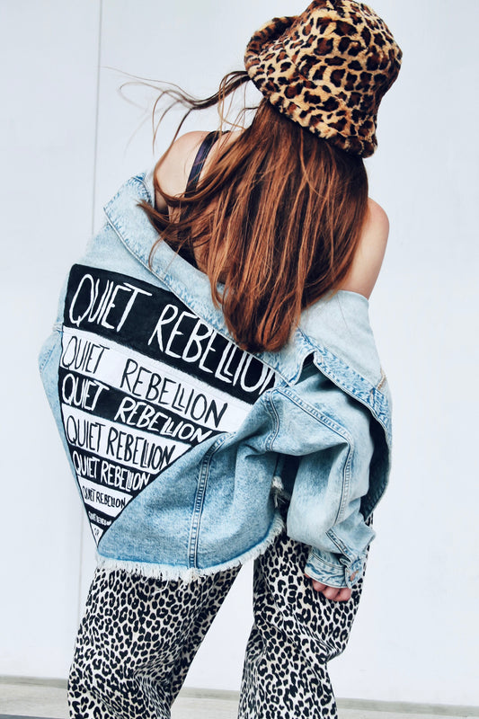 QUIET REBELLION hand painted denim jacket *FOXY FABLE ORIGINAL* XL >> light wash