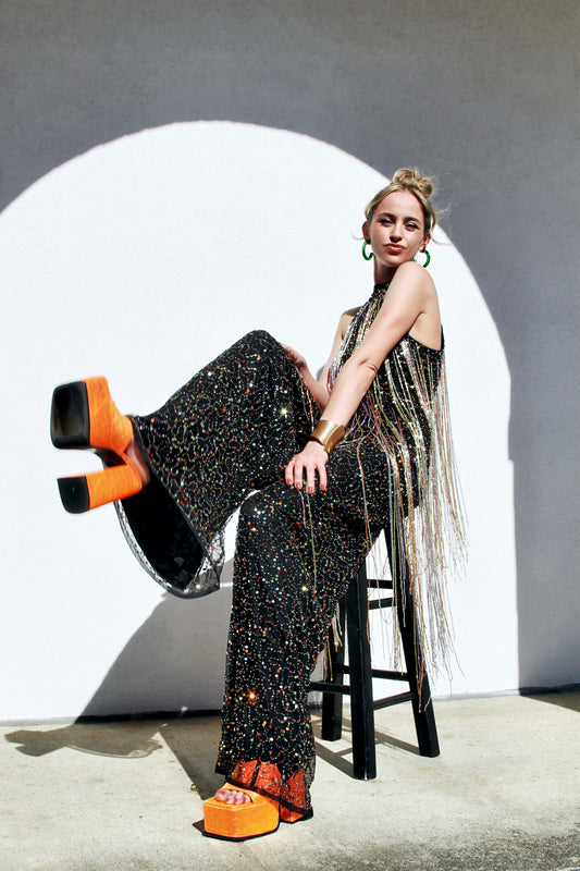 FIRECRACKER fully sequined + beaded tassel fringe jumpsuit *FOXY FAVE* size 4 >> black with multi-colored sequins