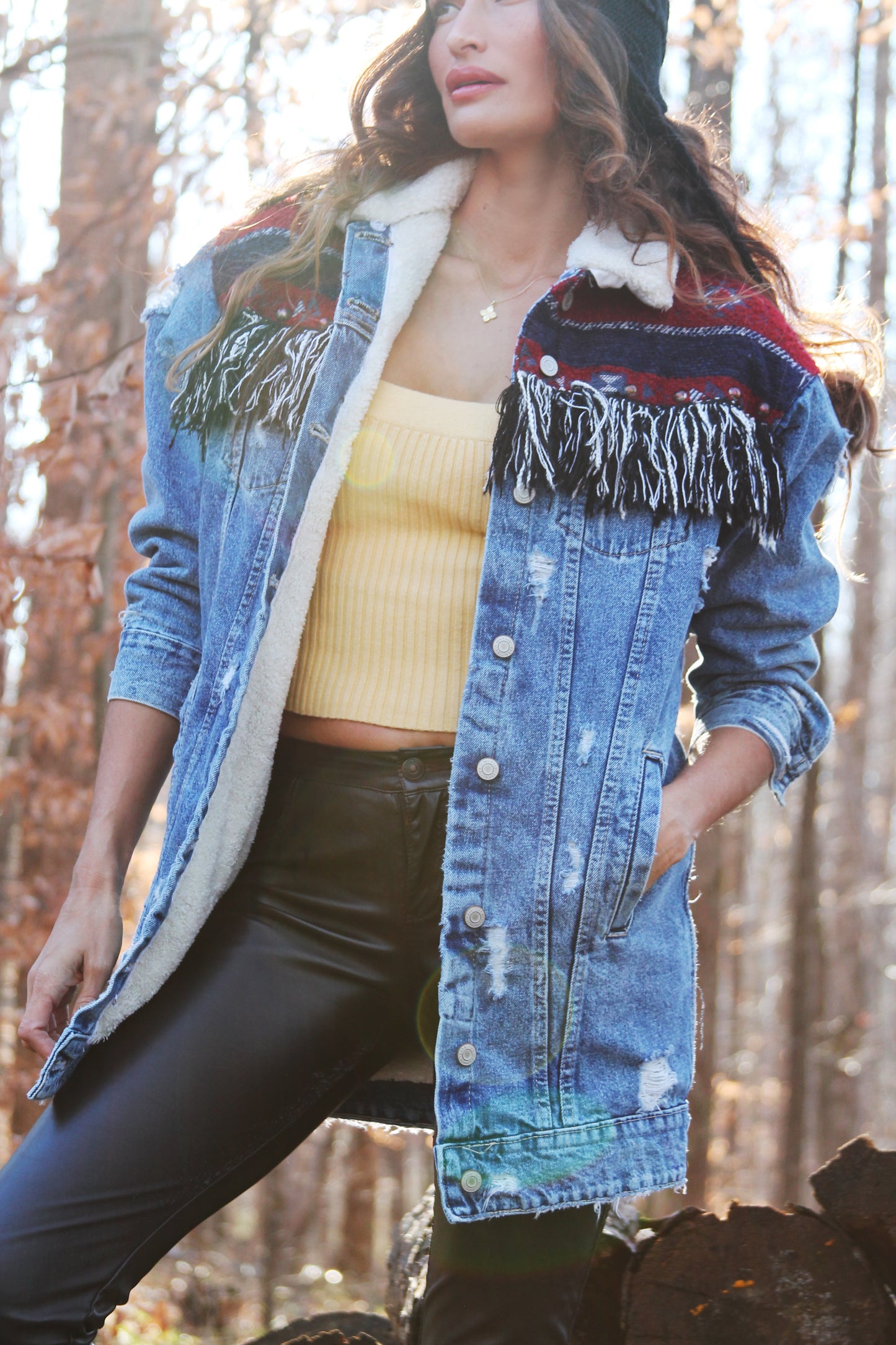 REINDEER GAMES distressed denim jacket w/ fringe + tribal patchwork, size small
