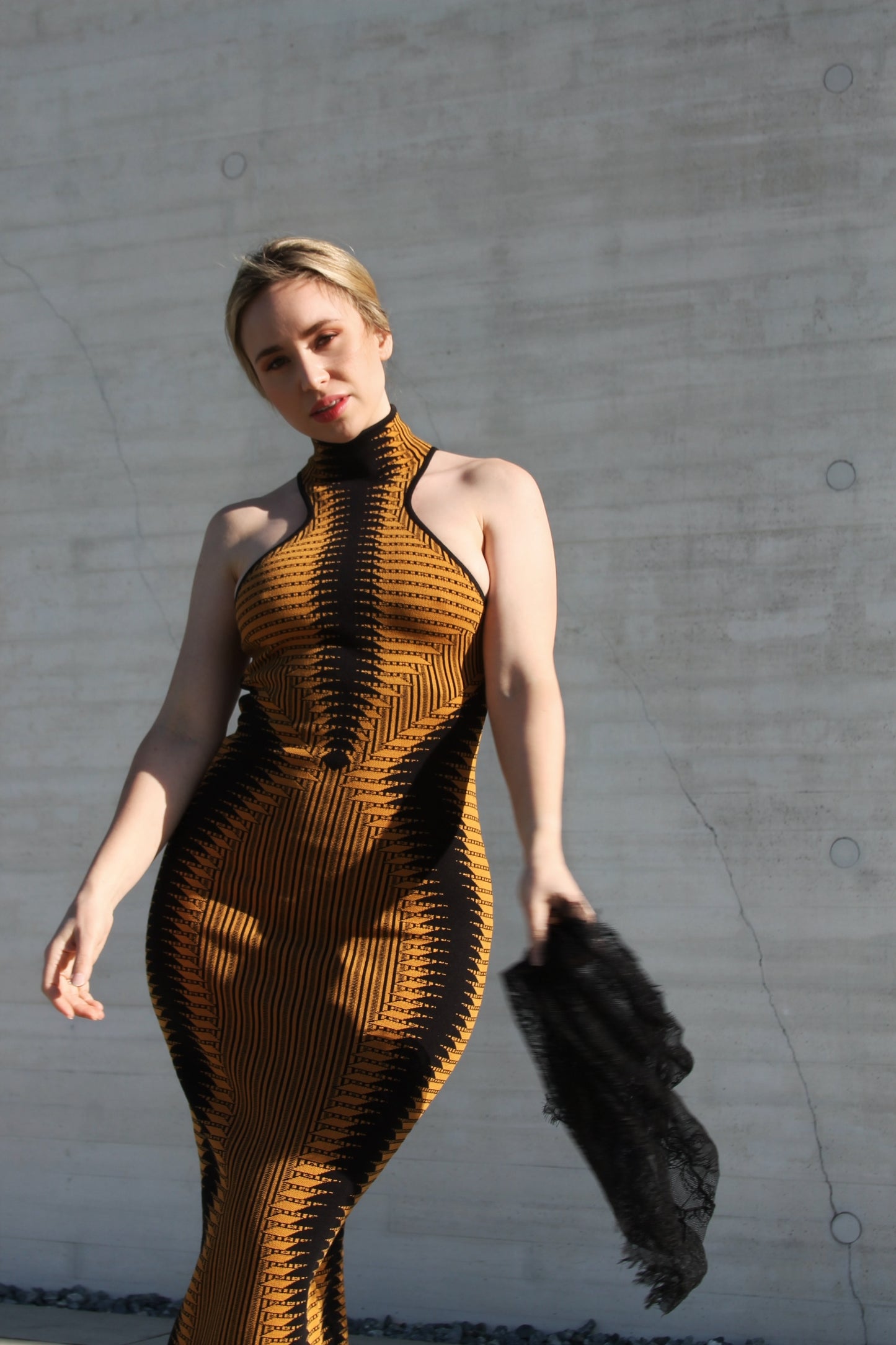 ROYAL BLOOD bodycon curve accentuating maxi dress, medium *FOXY FAVE* >> amber + black