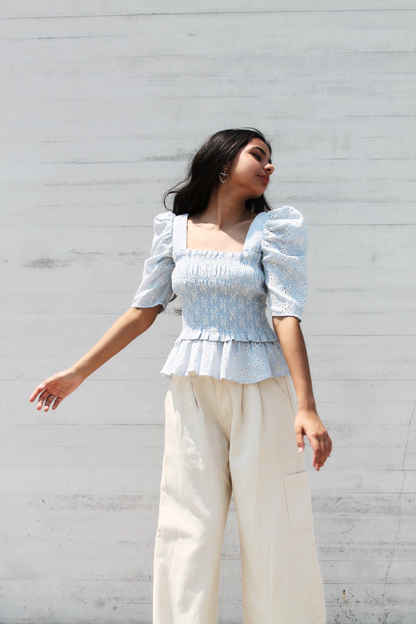 BLANK CANVAS eyelet embroidered smocked top, small