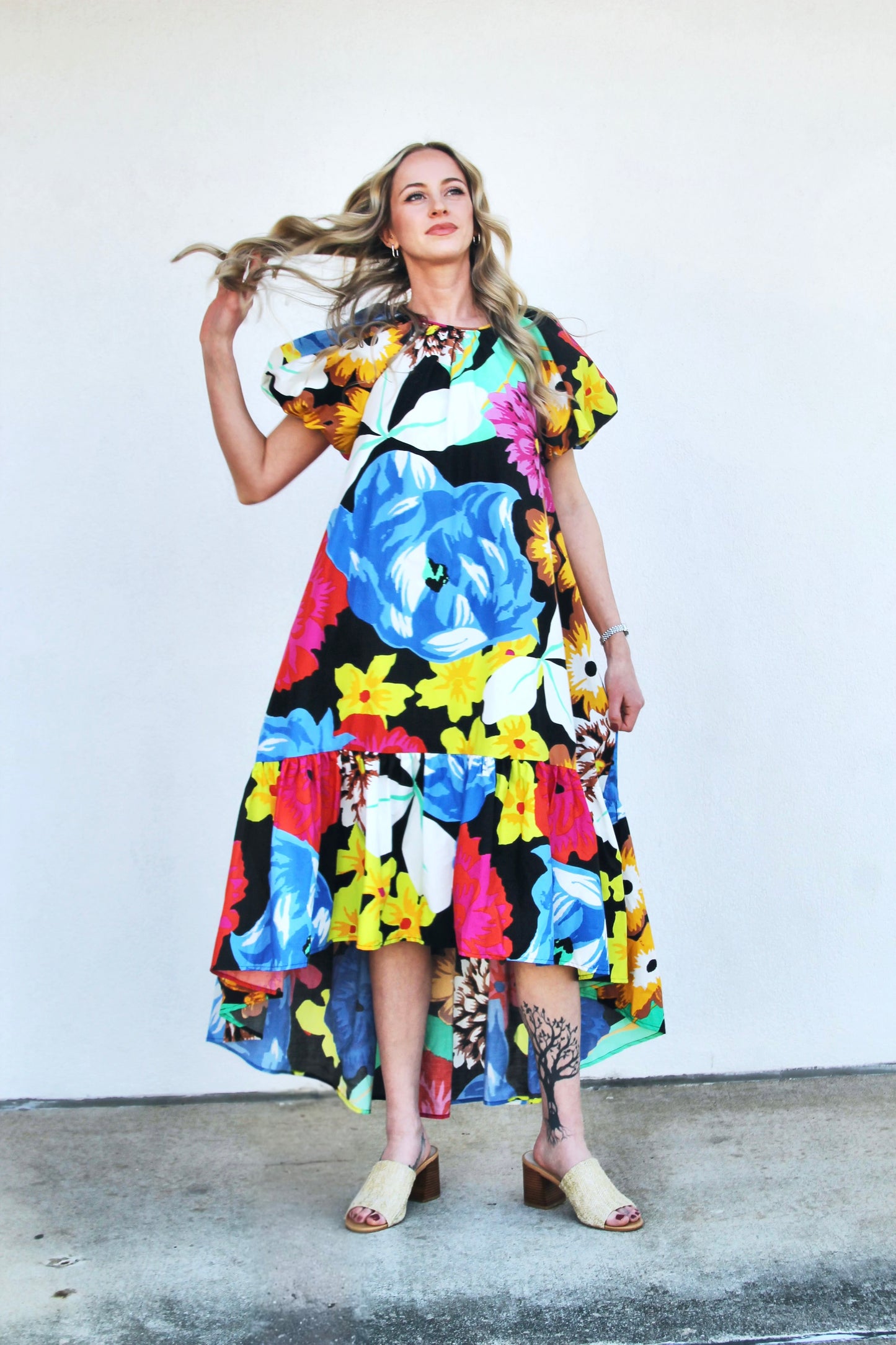 FOR THE LOVE OF FLORA vibrant + high-low midi dress, size extra small >> black with multicolored floral print