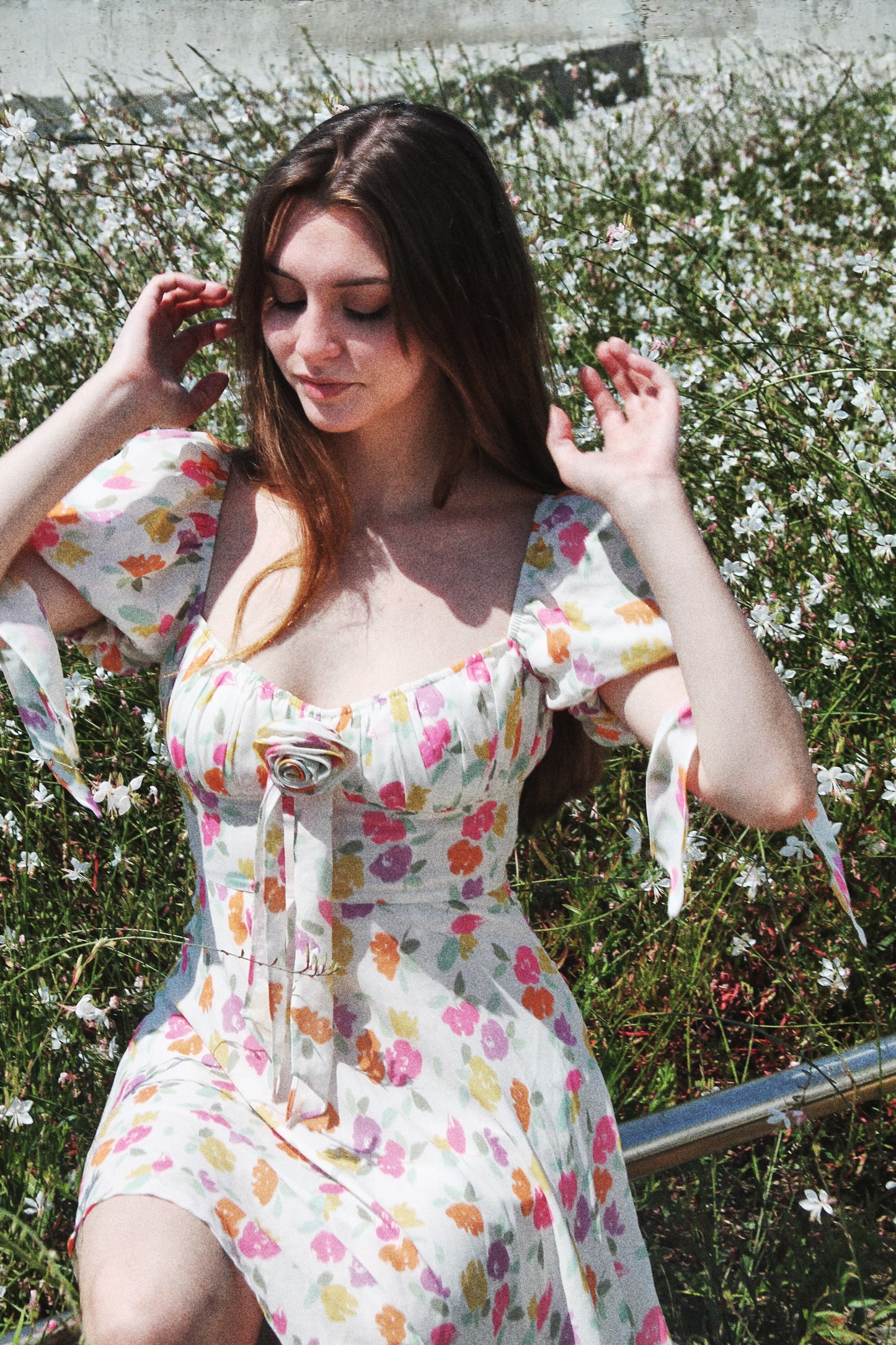 FORGET ME NOT asymmetrical + high-low floral dress, small >> white w/ floral print