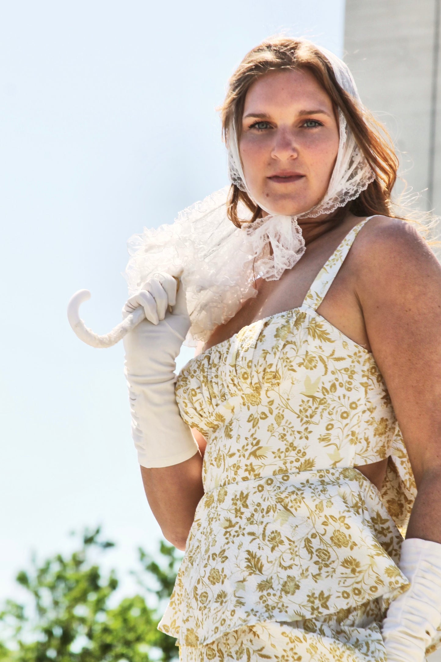 TIERS OF JOY floral + tiered ruffle maxi dress, large >> off white with vintage gold floral print