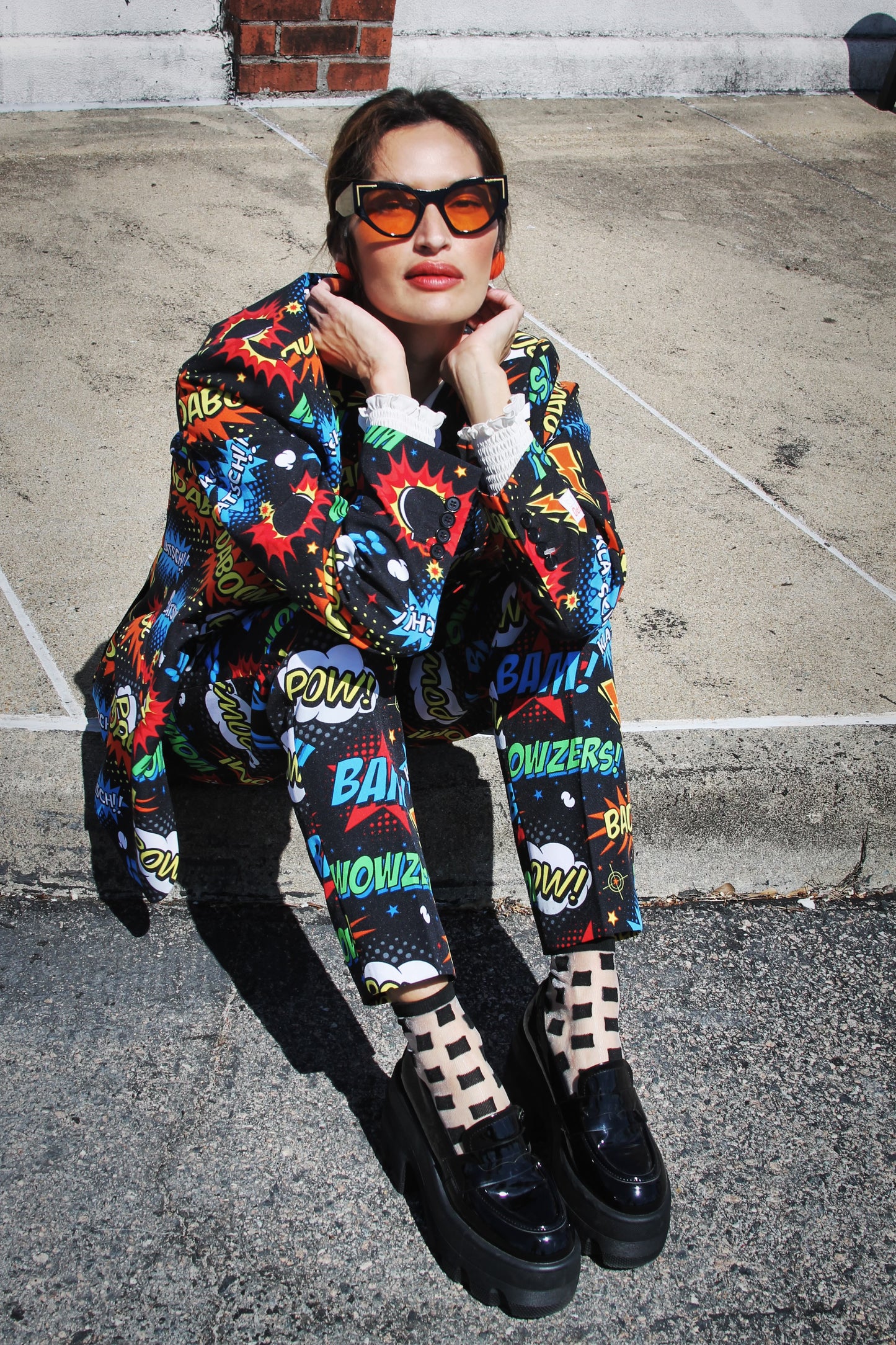 BADABING BADABOOM pop art + comic book inspired blazer + tie, size 38 (PART OF A SET) Opposuits >> multicolored on black