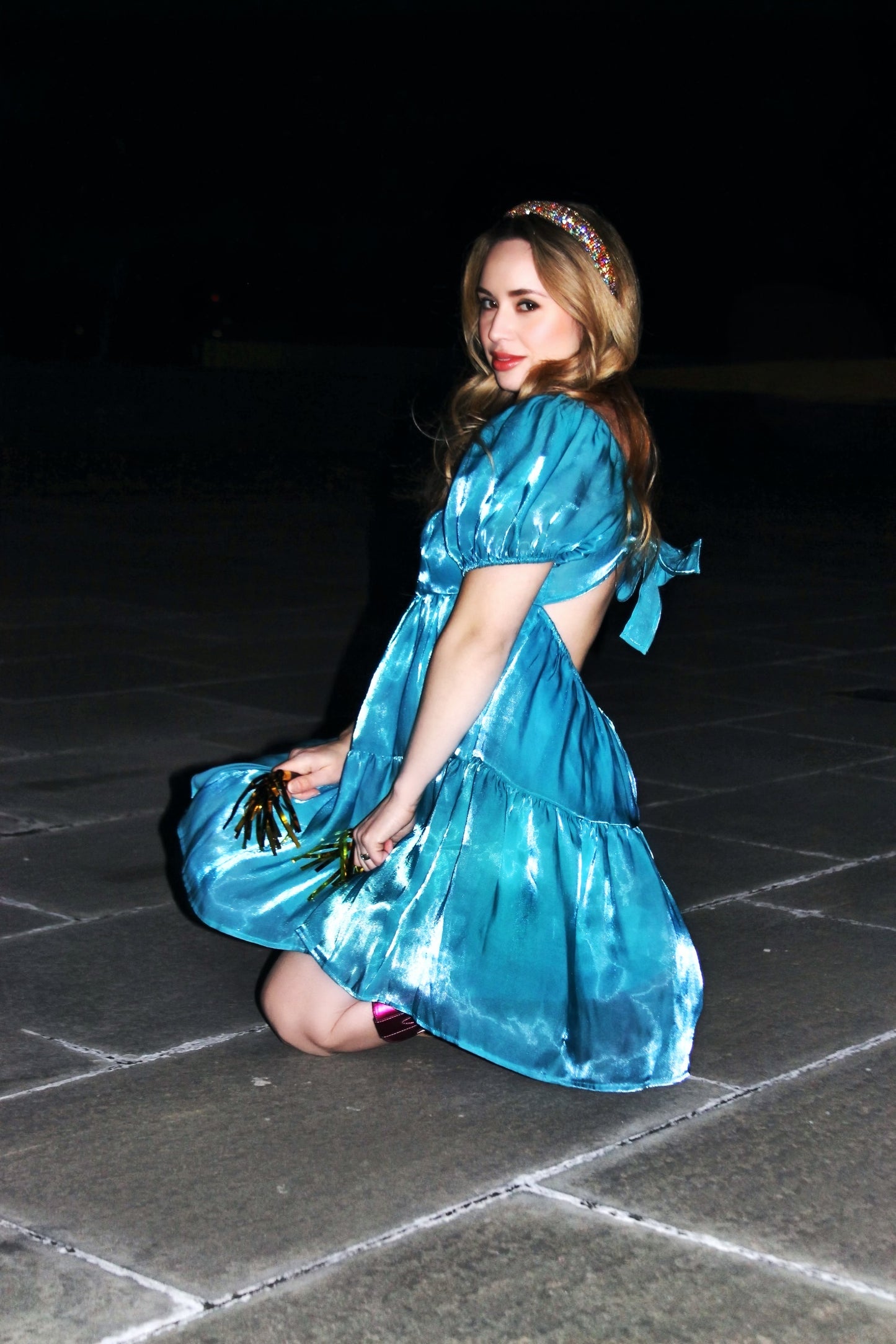 STARBRIGHT shimmer + open-back babydoll mini dress, XL >> sapphire blue