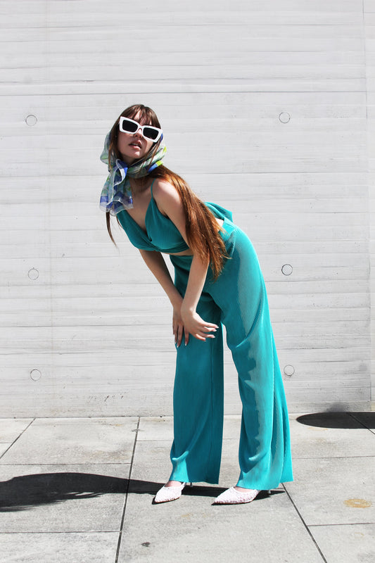 DESTINATION PARIS aqua blue matching plisse set, small