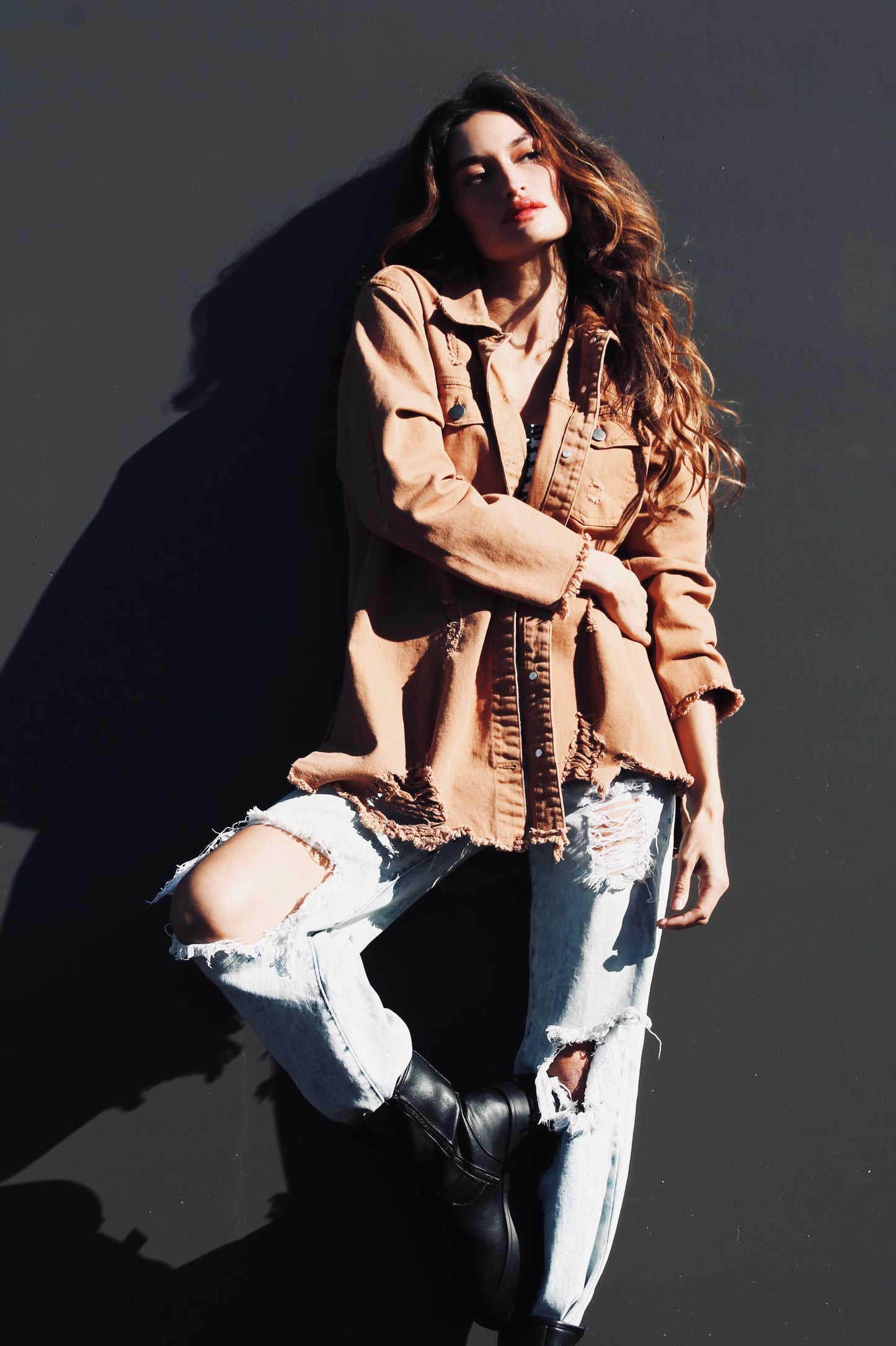CRUSHIN’ ON YOU distressed denim shacket, size XL