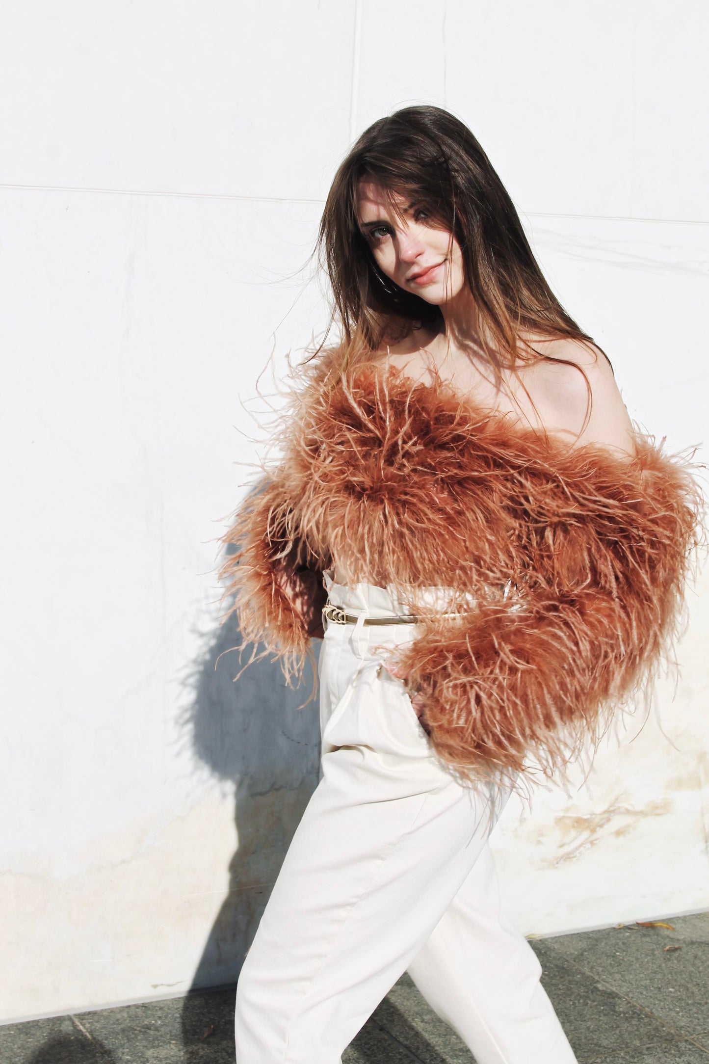 CROSS MY HEART long sleeve feather bandeau, size medium >> rose pink