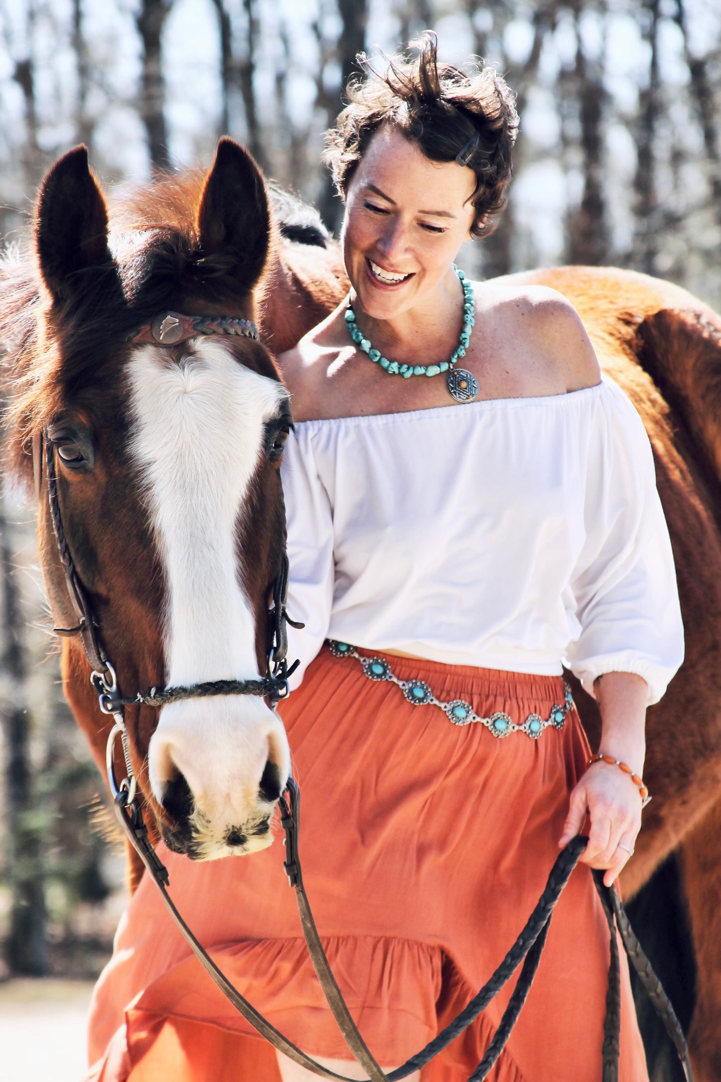 AMBER WINDS high-low flowy maxi skirt, large >> rust