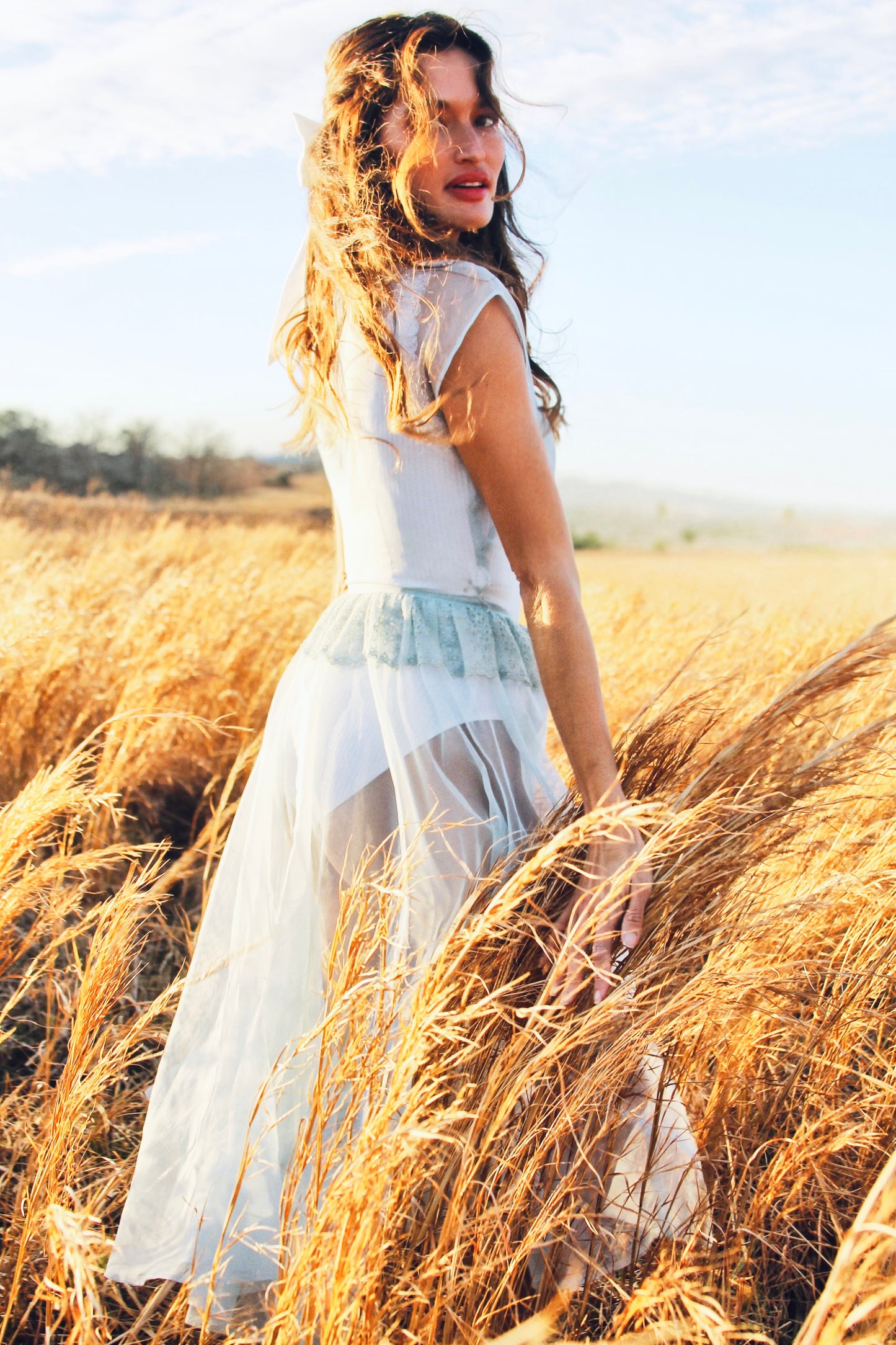 MEMORIES OF THE SUN completely sheer midi dress *FOXY FAVE* in antique blue