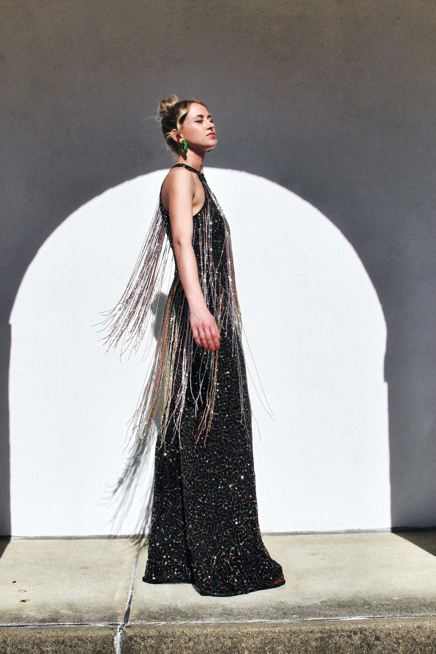 FIRECRACKER fully sequined + beaded tassel fringe jumpsuit *FOXY FAVE* size 4 >> black with multi-colored sequins