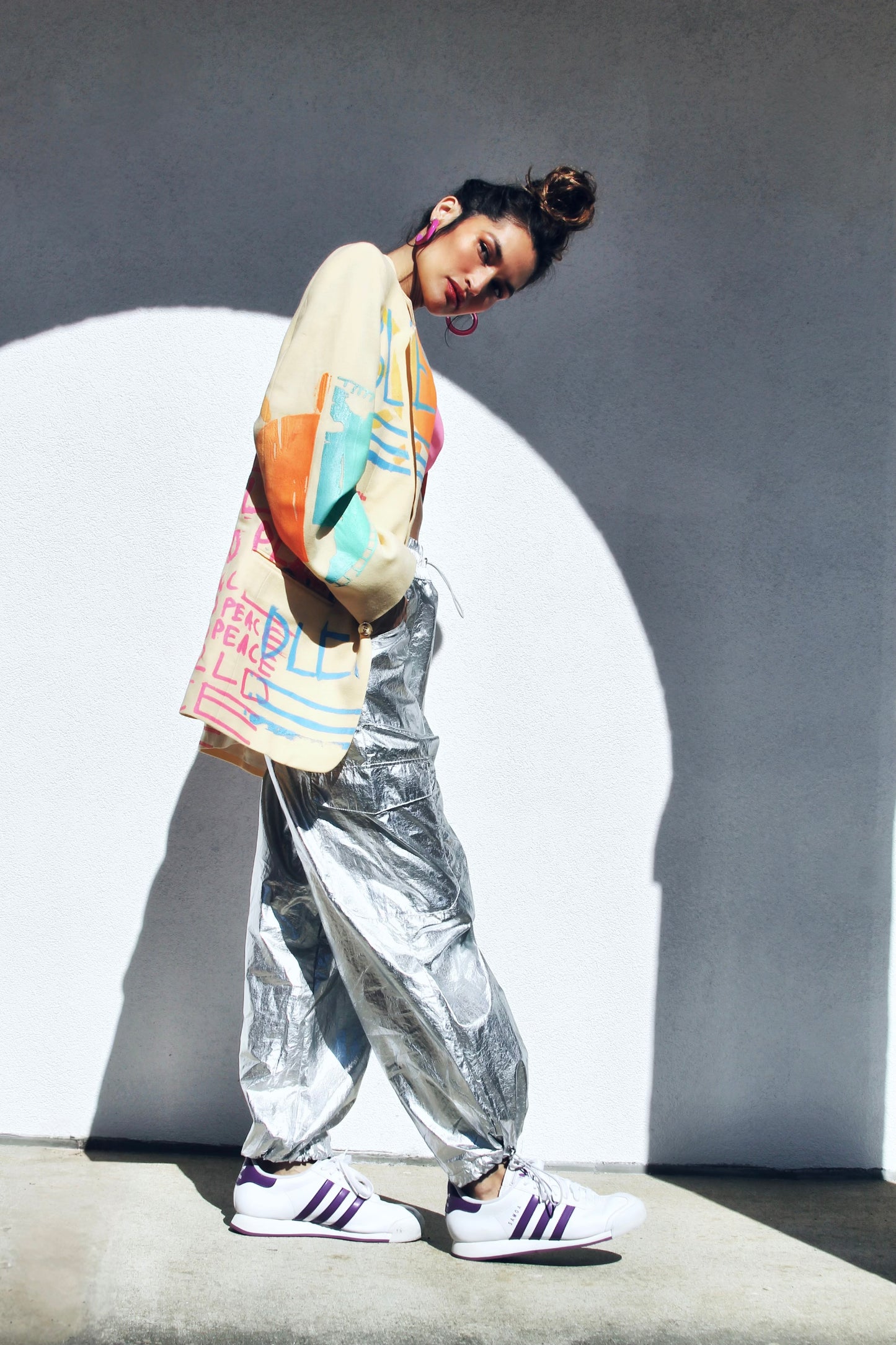 WORLD PEACE painted blazer *VINTAGE + HAND PAINTED + MADE IN THE USA* >> butter yellow + multi-colored graphics