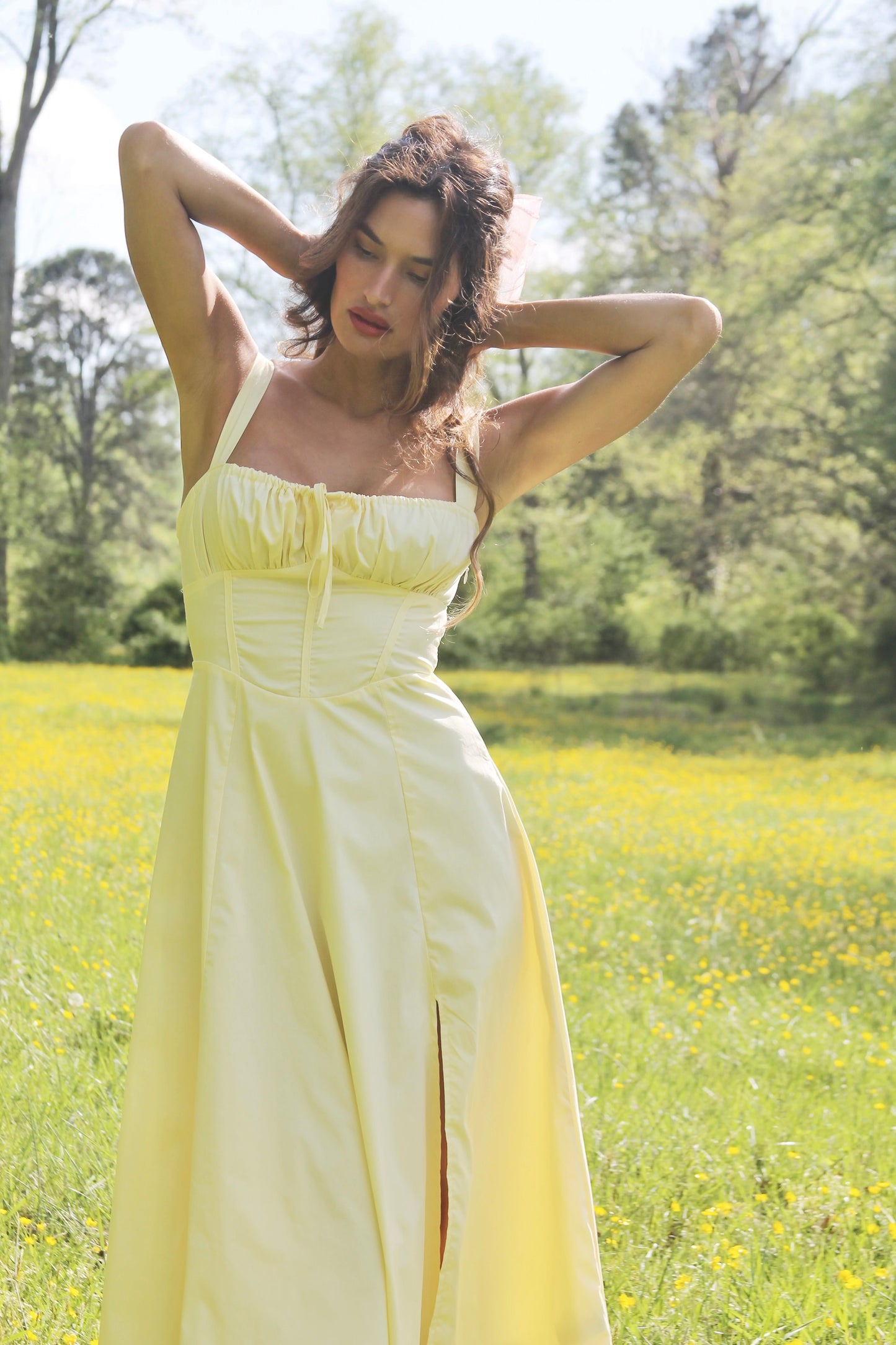 RUN FREE pale yellow lace-up corset sundress, in size small, medium & large