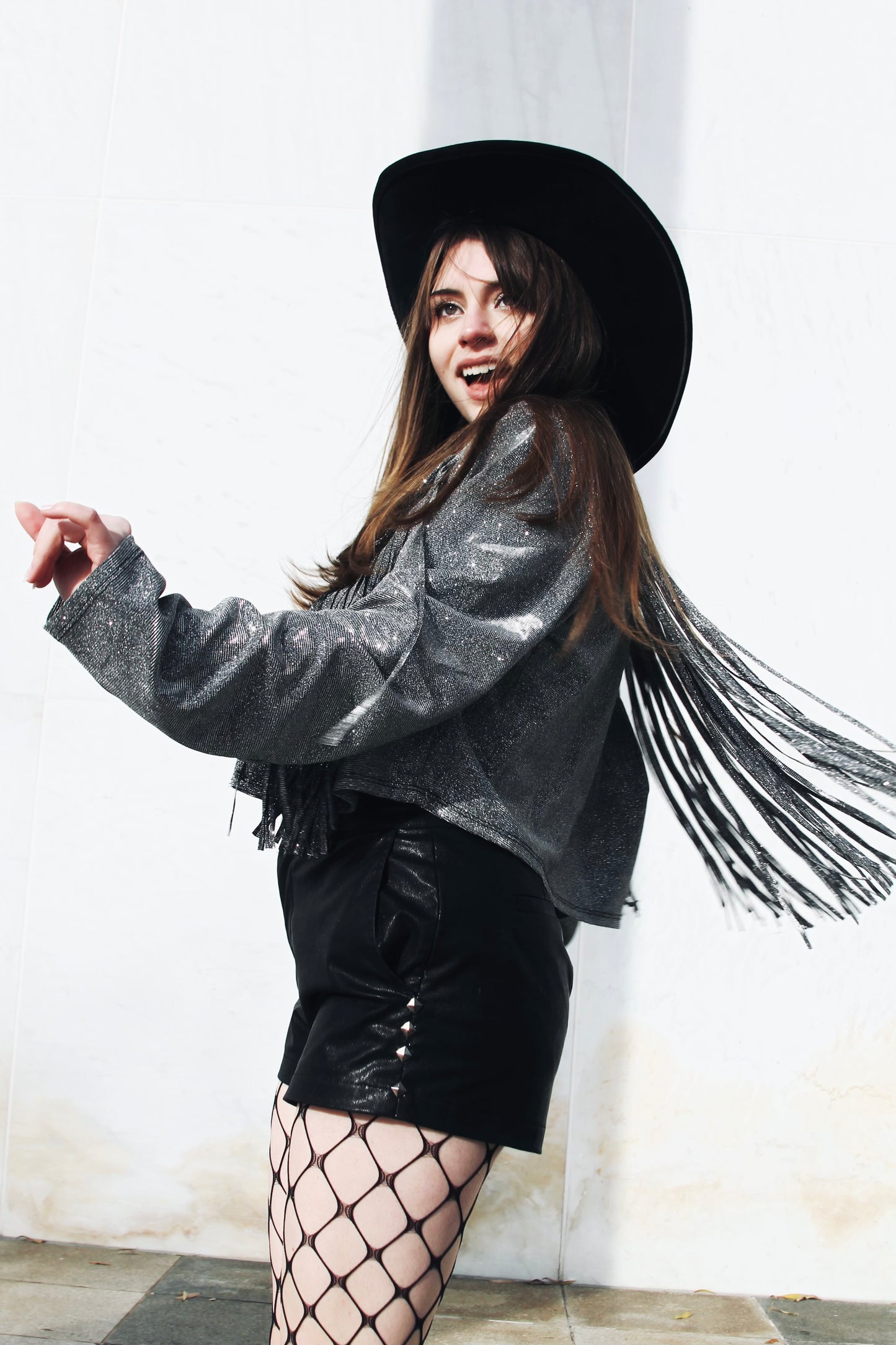 REBEL SPIRIT silver sparkle + tassel-fringe jacket, XL *FOXY FAVE* >> gunmetal grey