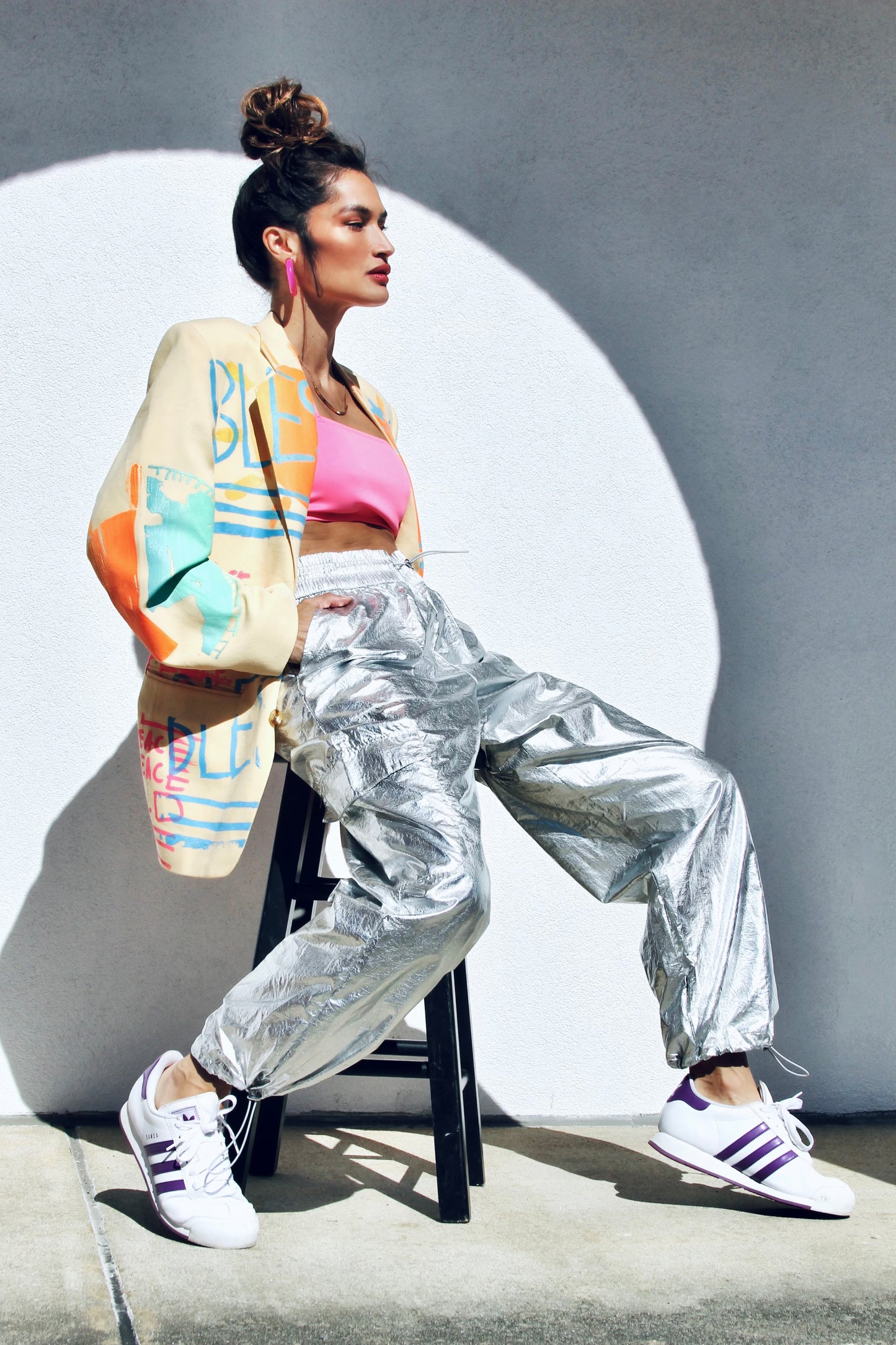 WORLD PEACE painted blazer *VINTAGE + HAND PAINTED + MADE IN THE USA* >> butter yellow + multi-colored graphics