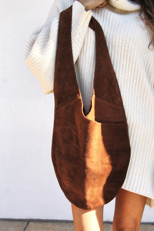 SIDE PIECE suede hobo bag *VINTAGE + 100% GENUINE LEATHER >> chestnut brown