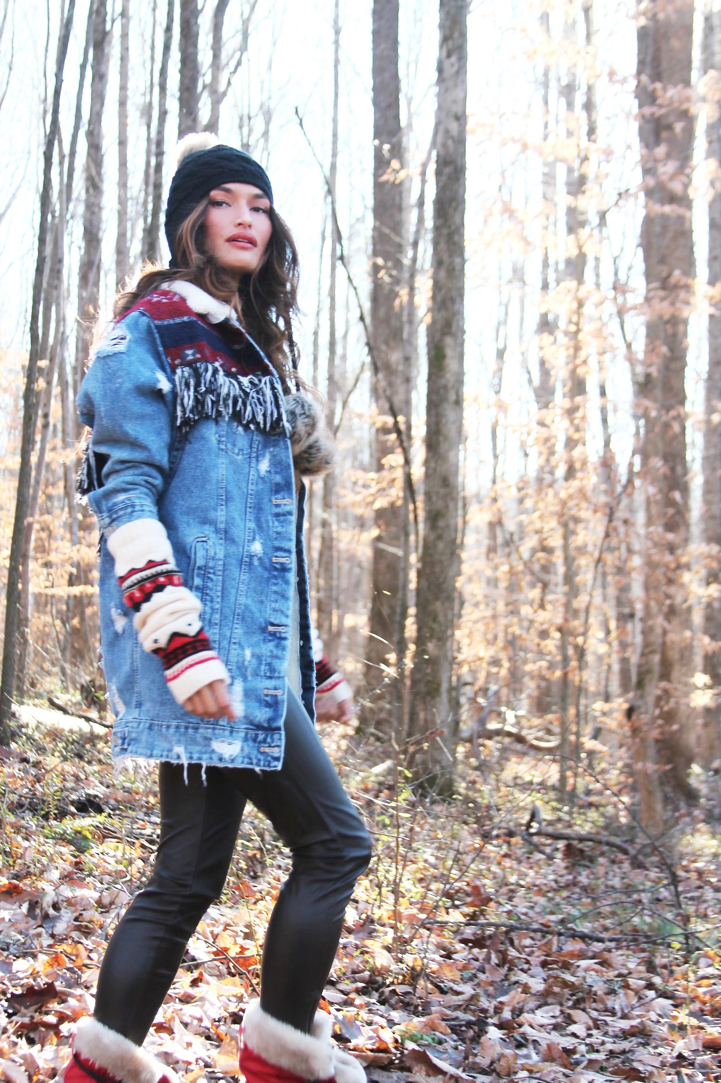 REINDEER GAMES distressed denim jacket w/ fringe + tribal patchwork, size small