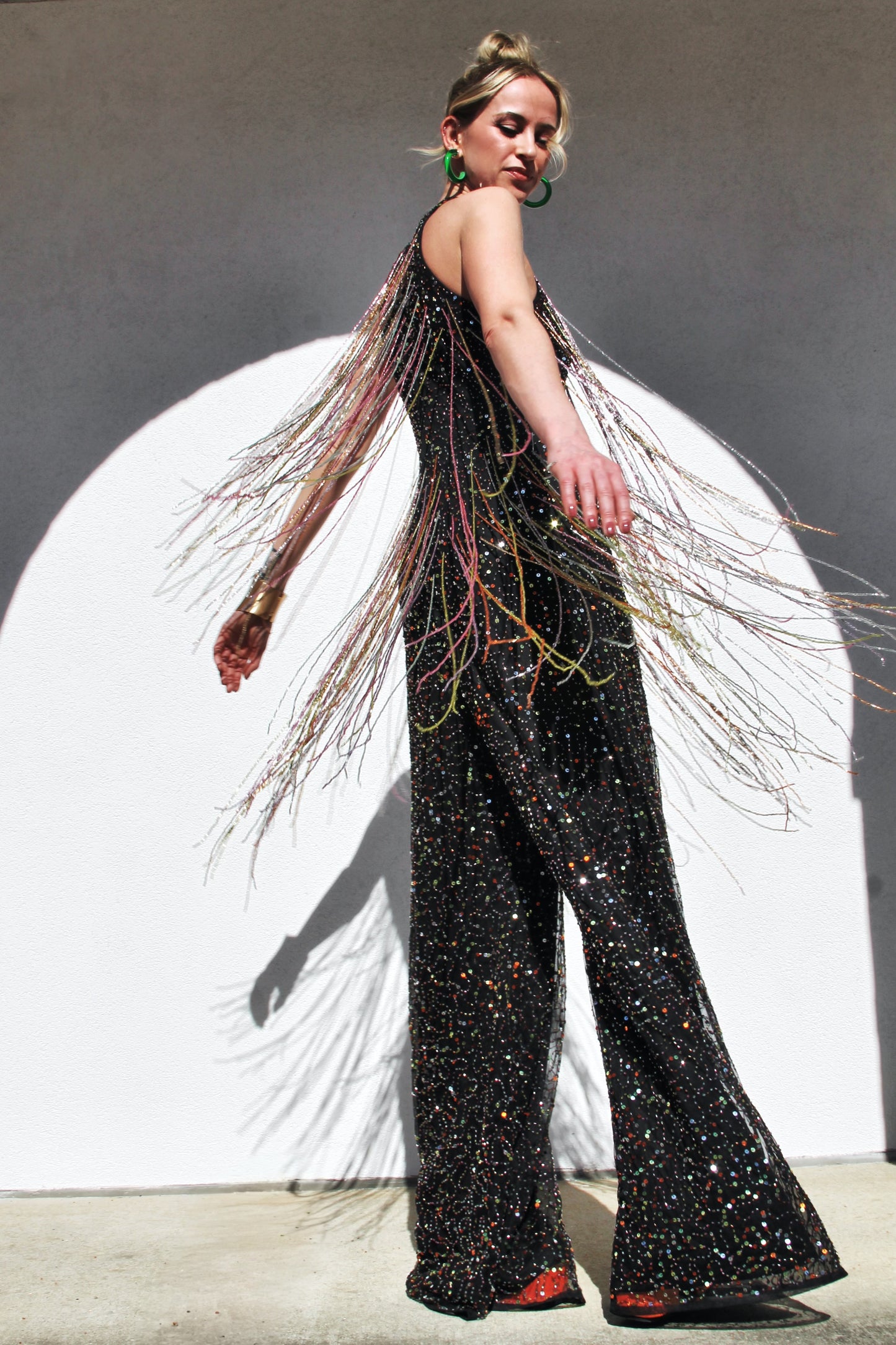 FIRECRACKER fully sequined + beaded tassel fringe jumpsuit *FOXY FAVE* size 4 >> black with multi-colored sequins