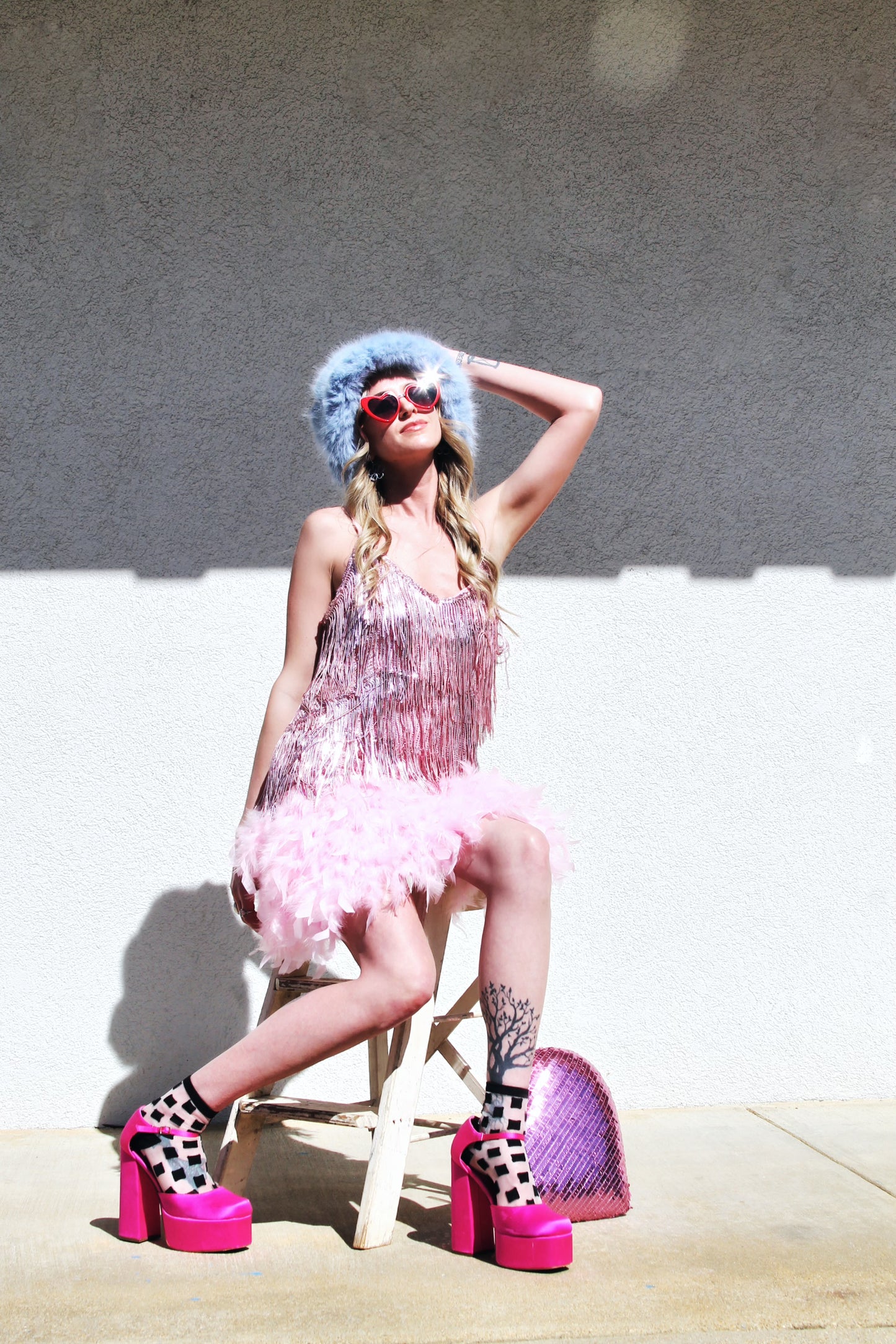 BOTTLE SERVICE sparkle fringe+ feather hem mini sequin party dress, large >> flamingo pink