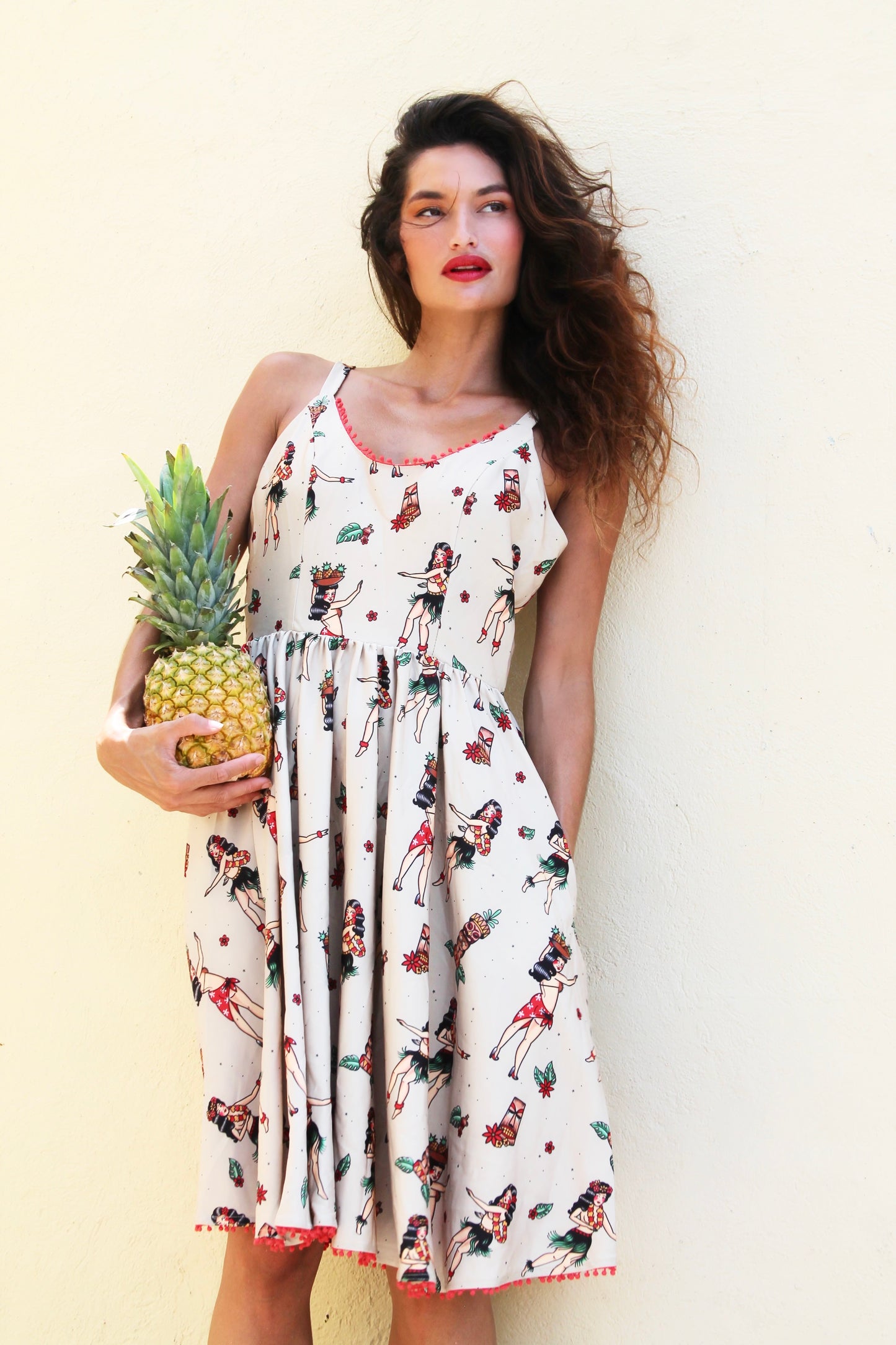 HULA GIRL nostalgic print midi dress, medium