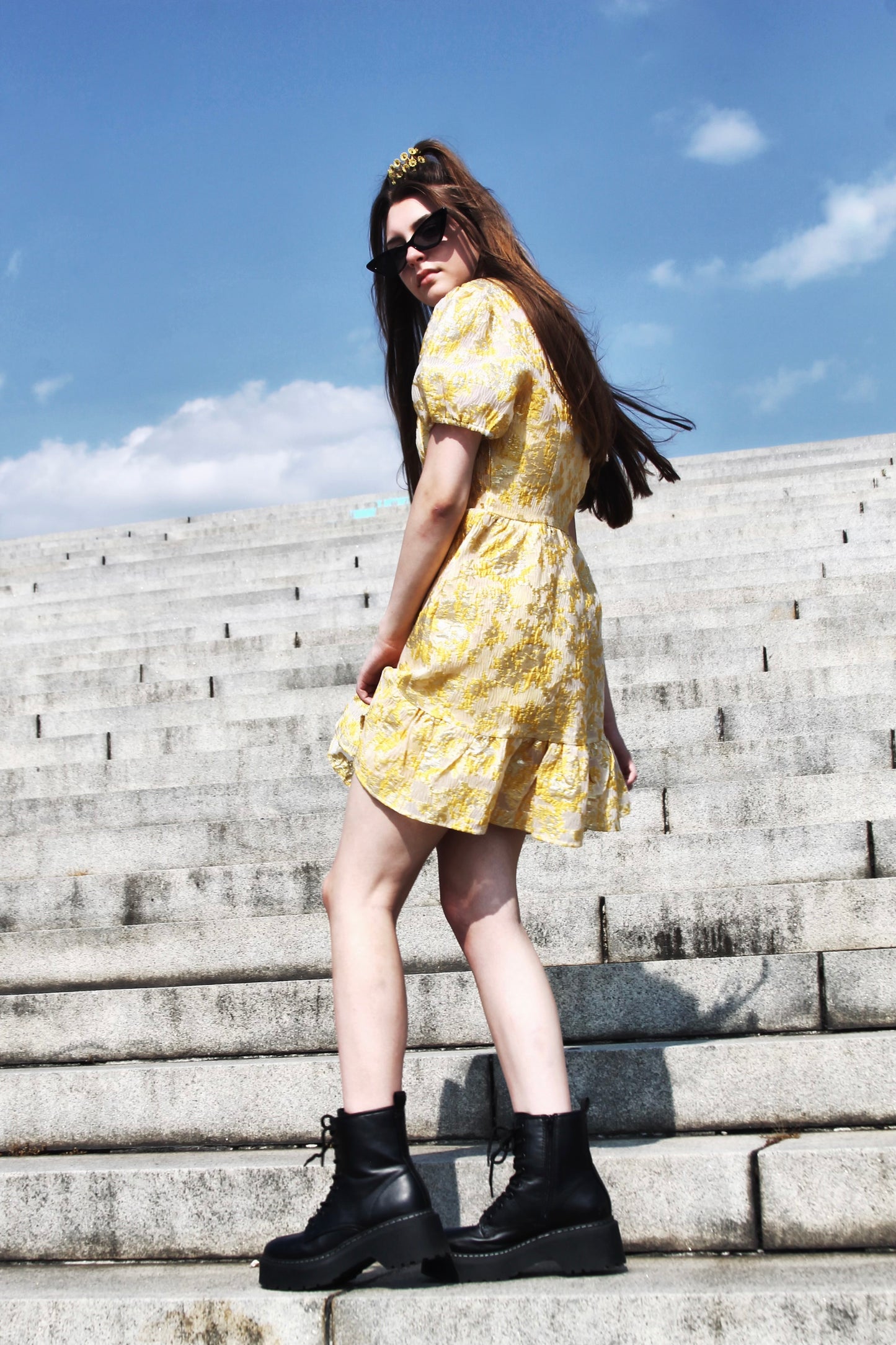 FALL INTO ME lustrous + brocade mini dress, small >> golden canary