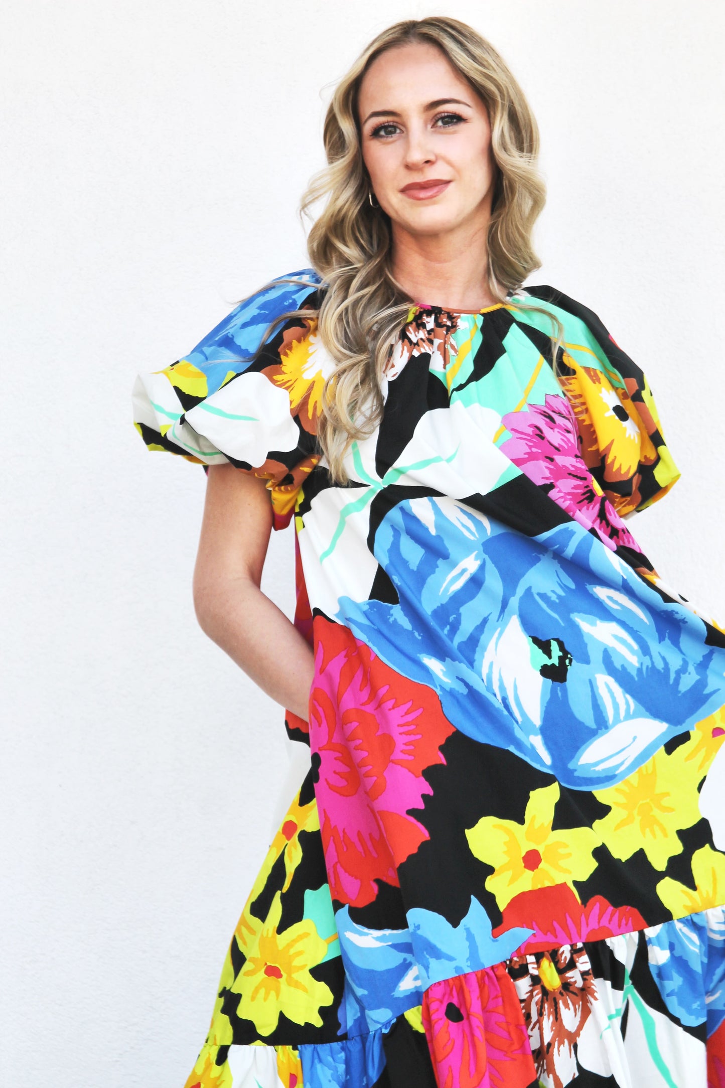 FOR THE LOVE OF FLORA vibrant + high-low midi dress, size extra small >> black with multicolored floral print