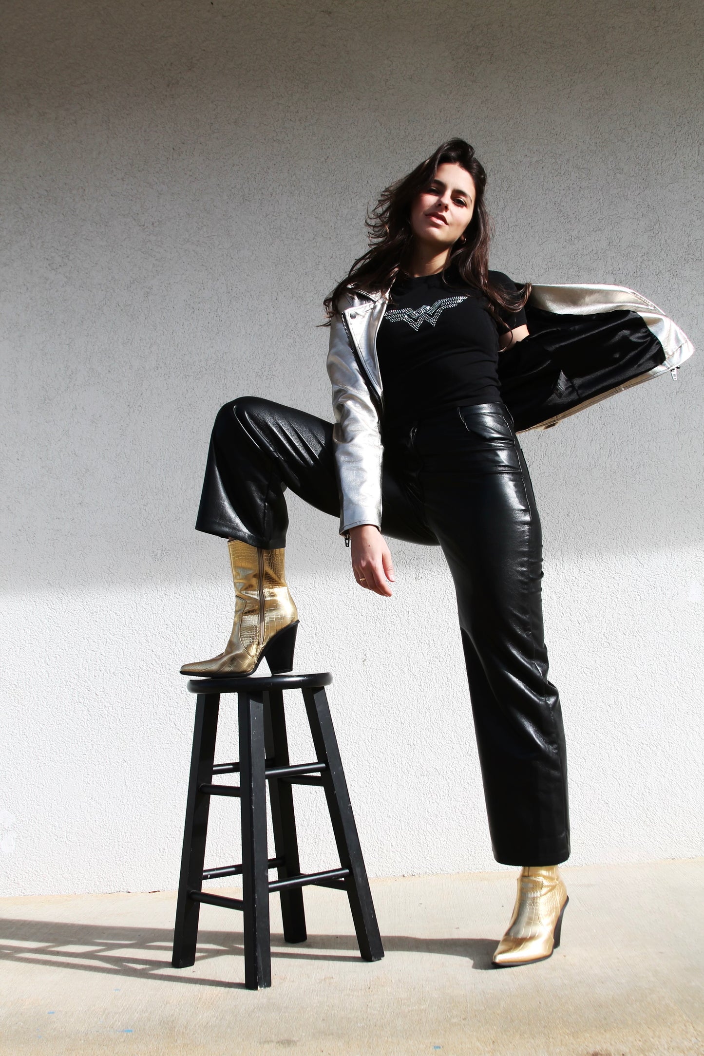 GOTHAM CITY gold metallic vegan leather jacket, medium