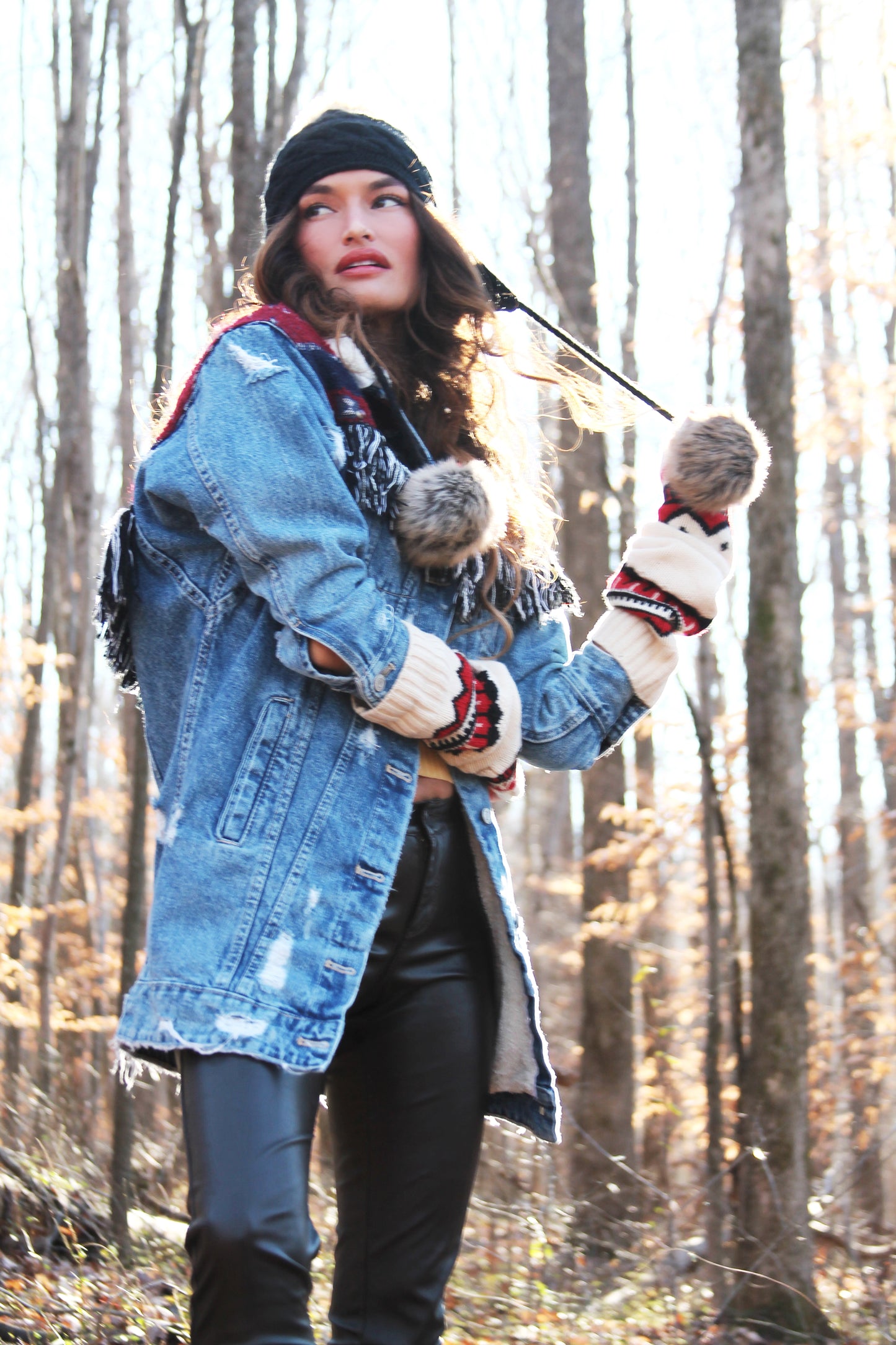 REINDEER GAMES distressed denim jacket w/ fringe + tribal patchwork, size small
