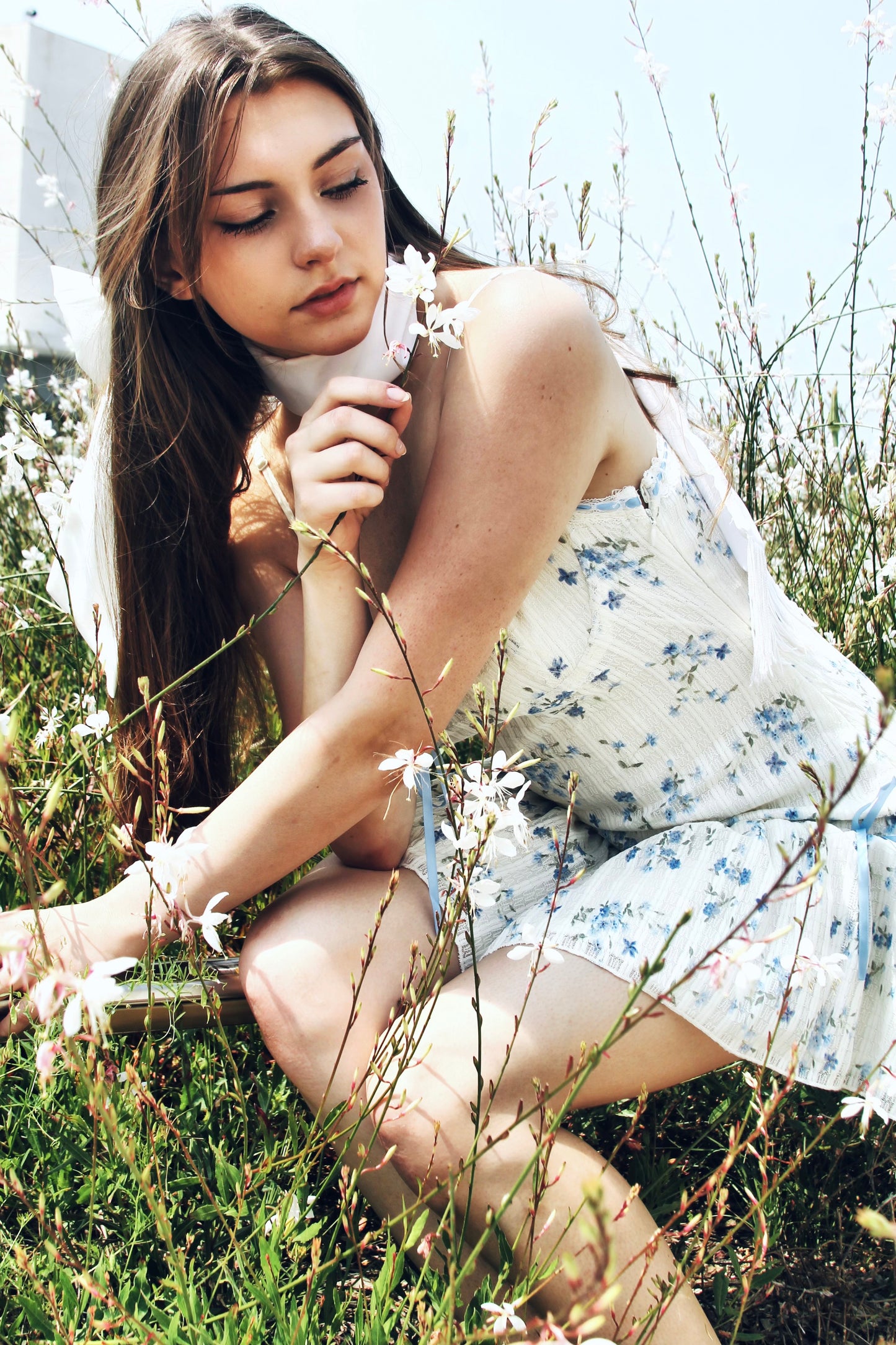 EDEN drop waist + floral mini dress, size large >> cream with baby blue floral print + detailing