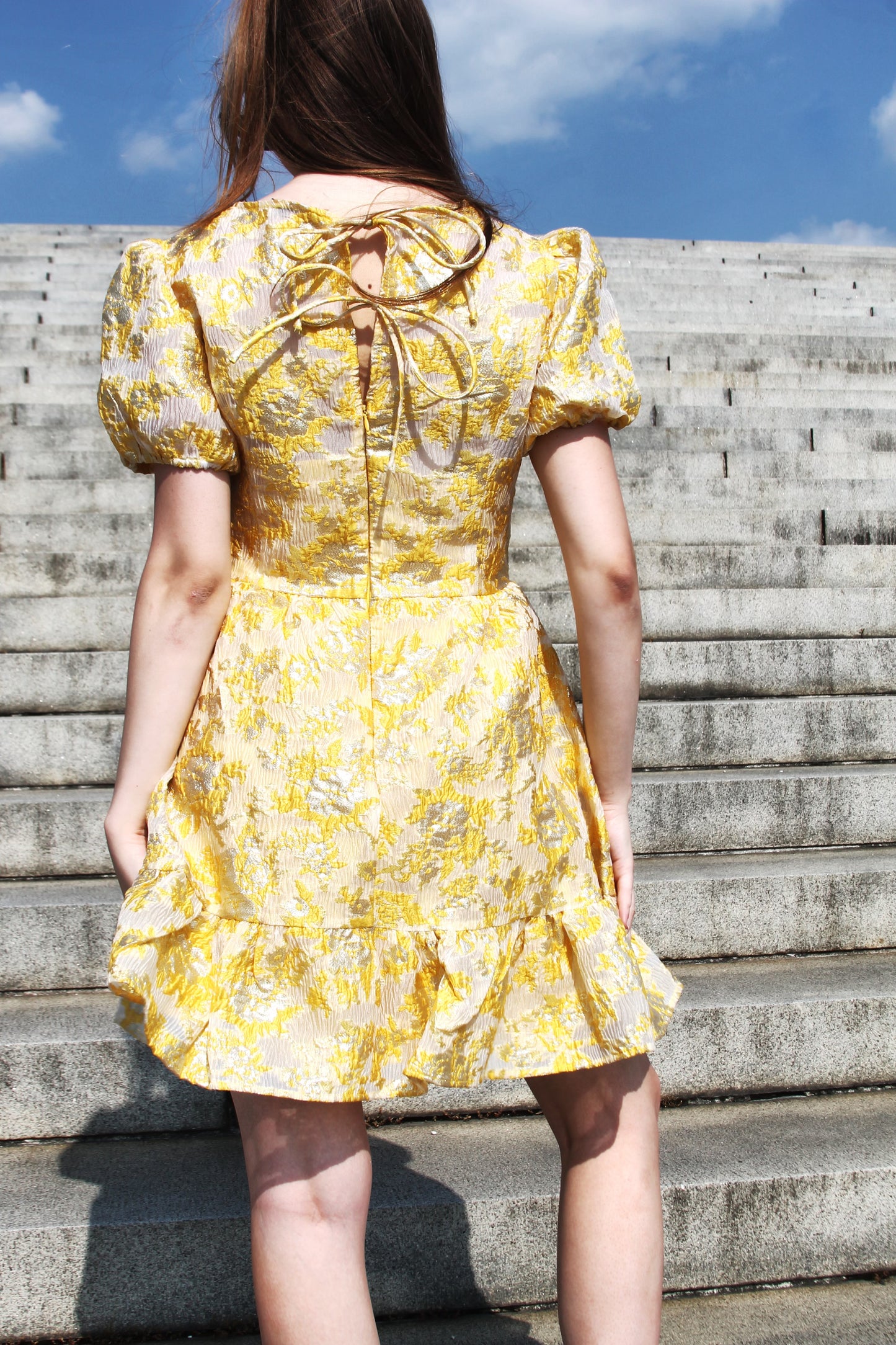 FALL INTO ME lustrous + brocade mini dress, small >> golden canary